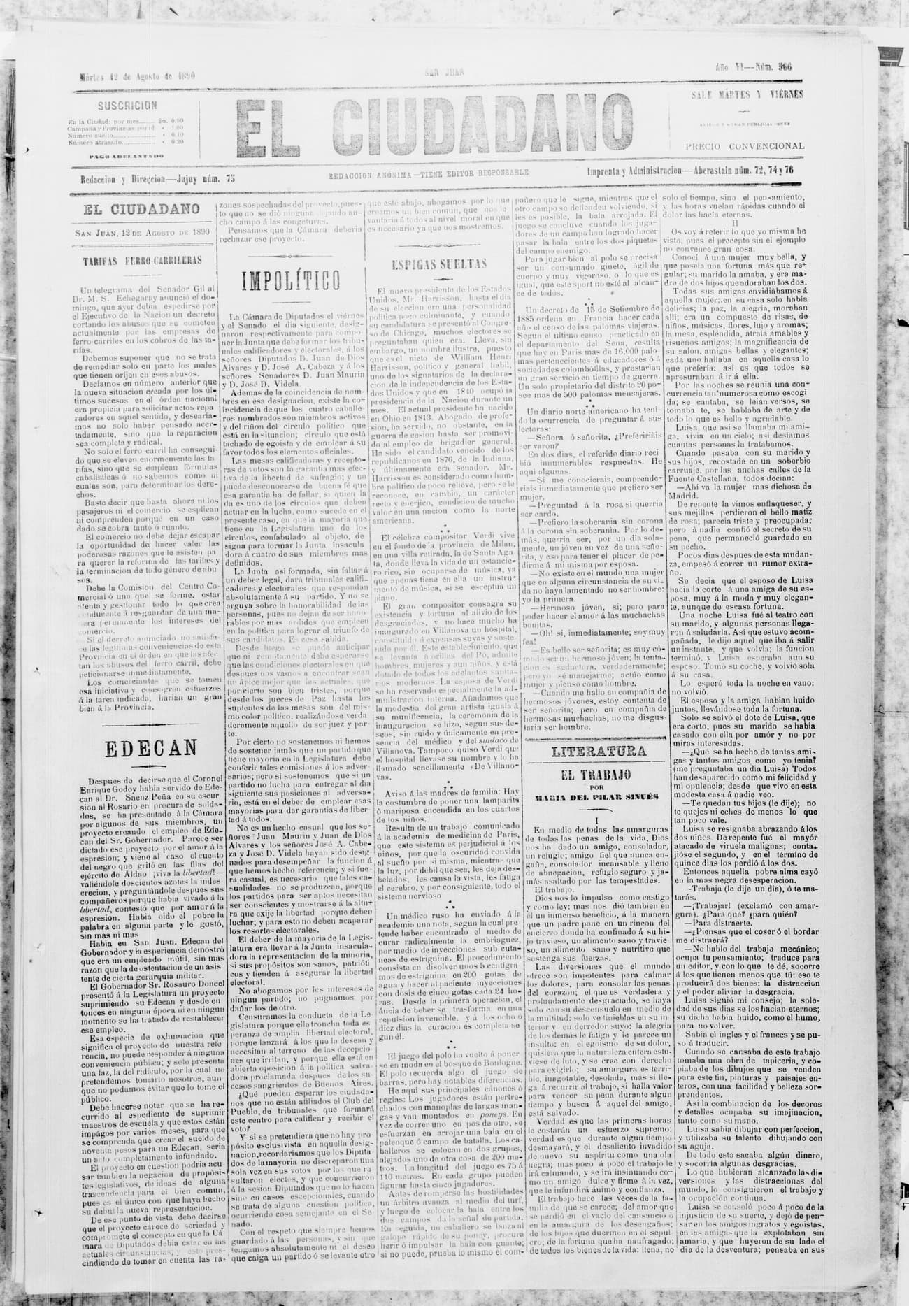 Portada · 12 de Agosto de 1890