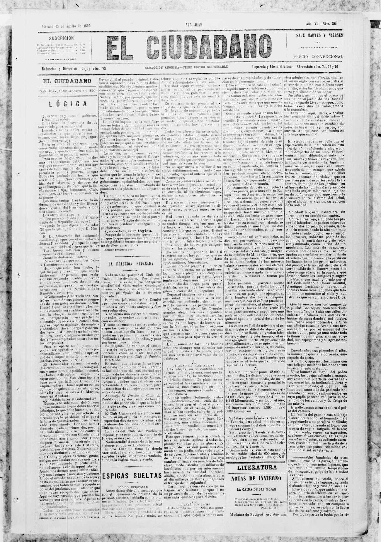 Portada · 15 de Agosto de 1890