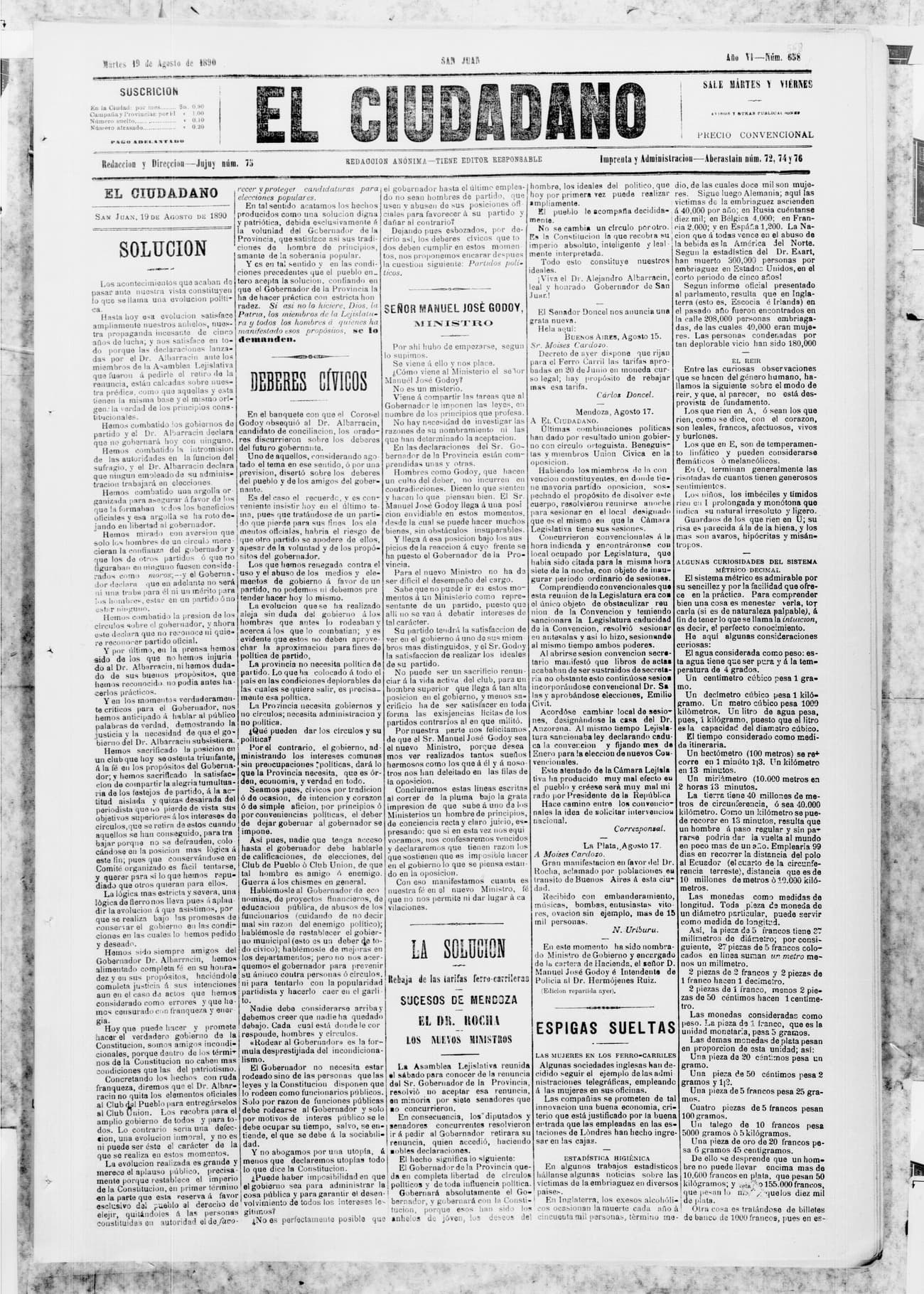 Portada · 19 de Agosto de 1890