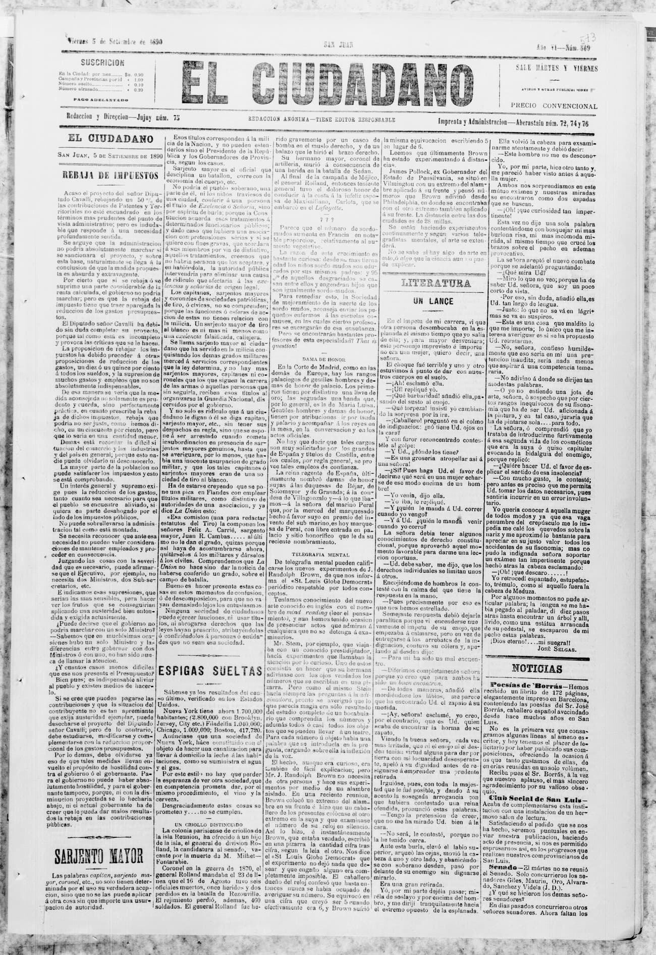Portada · 5 de Septiembre de 1890