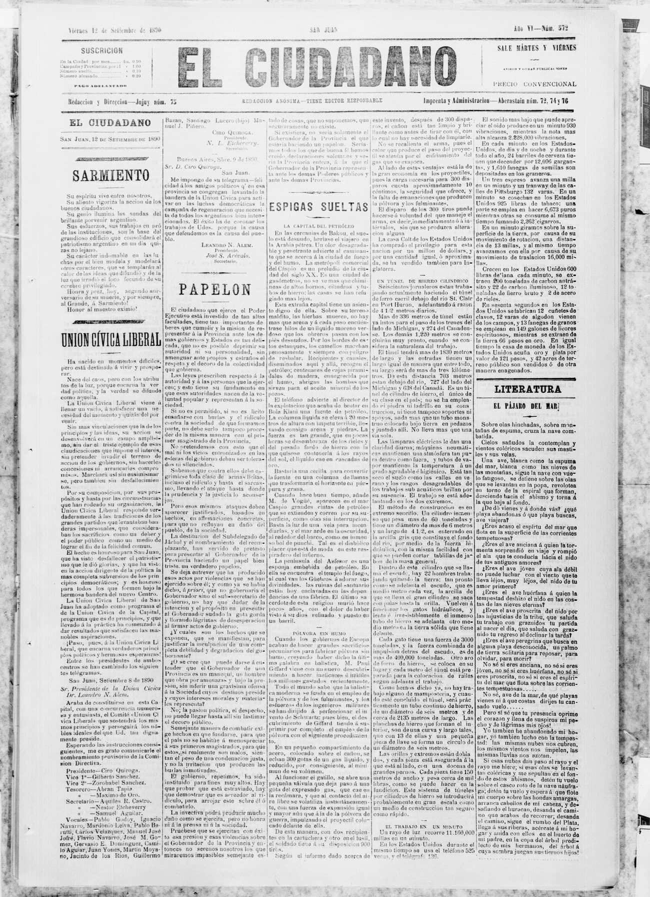 Portada · 12 de Septiembre de 1890