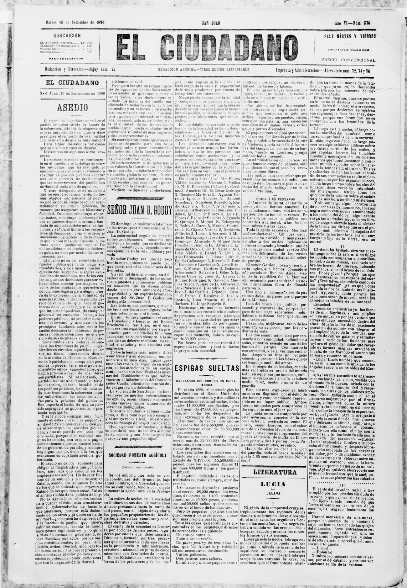 Portada · 16 de Septiembre de 1890