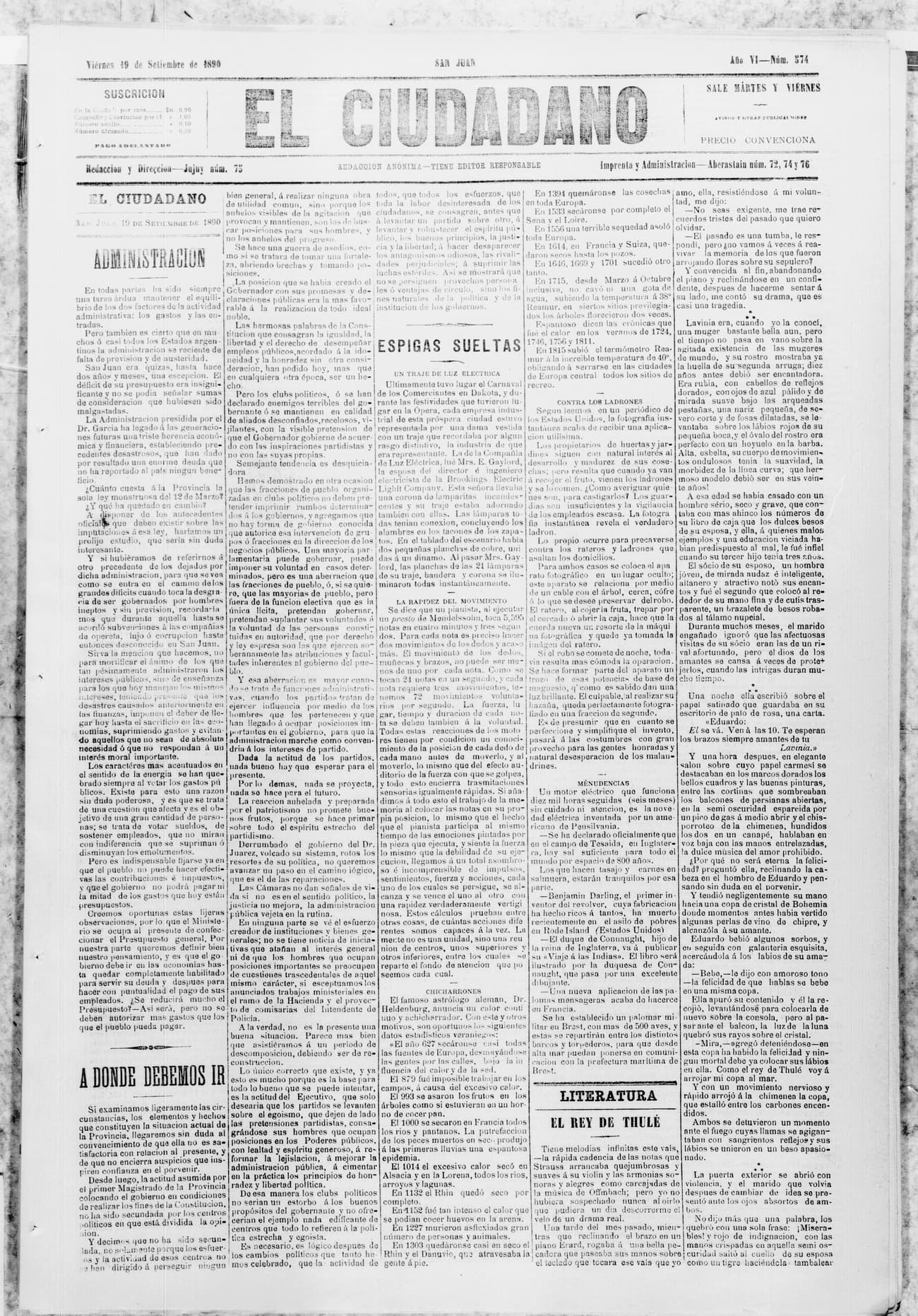 Portada · 19 de Septiembre de 1890