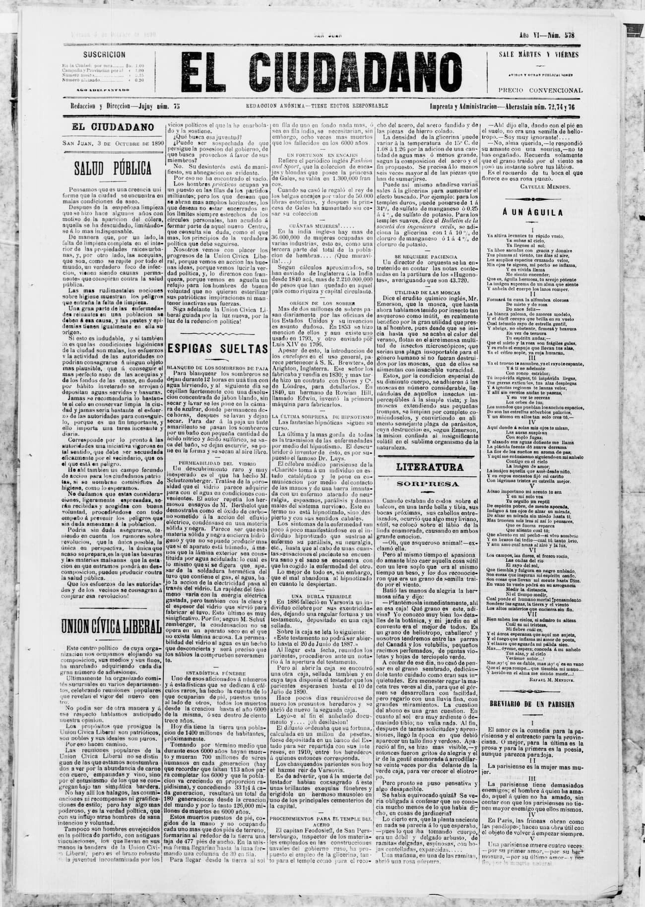 Portada · 3 de Octubre de 1890