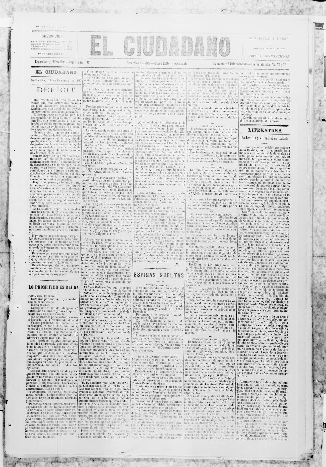 Portada · 17 de Octubre de 1890