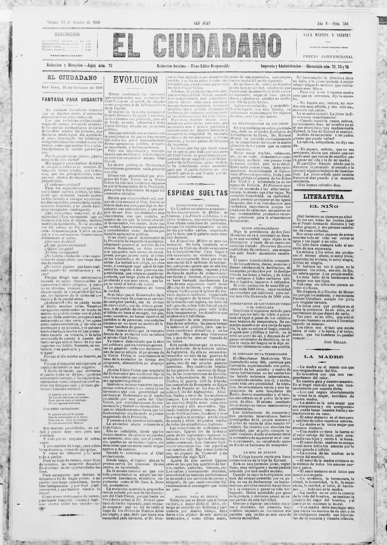 Portada · 24 de Octubre de 1890