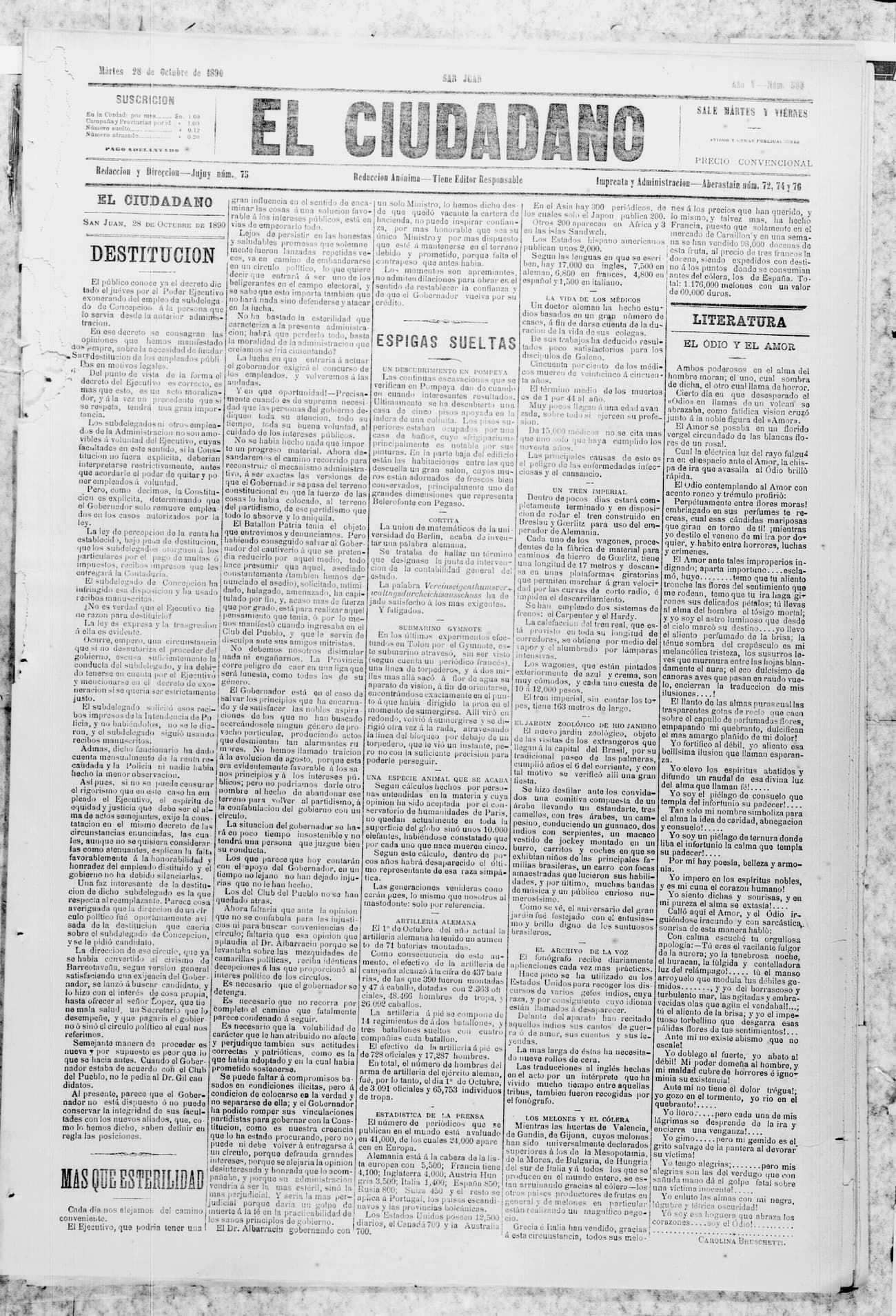 Portada · 28 de Octubre de 1890