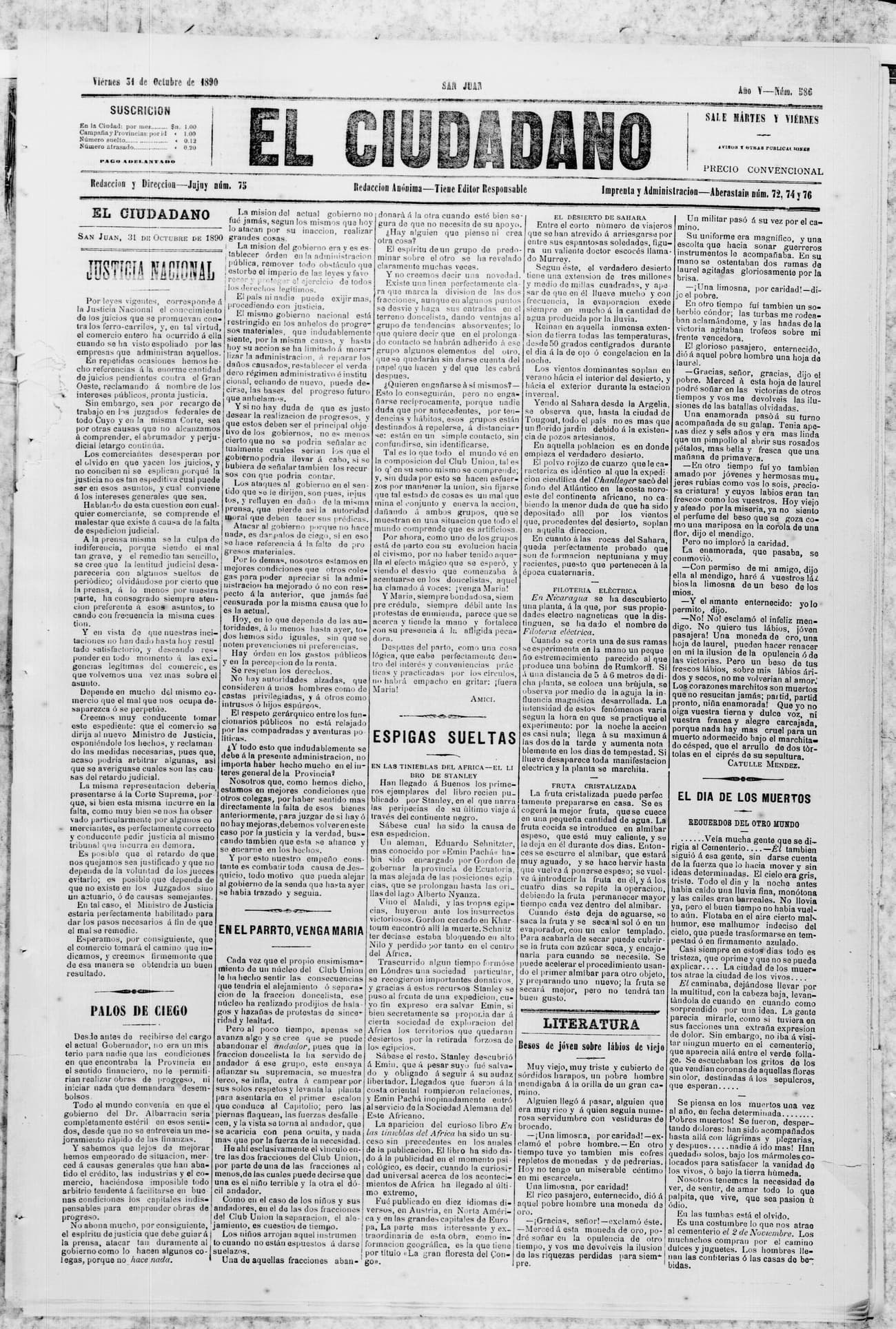 Portada · 31 de Octubre de 1890