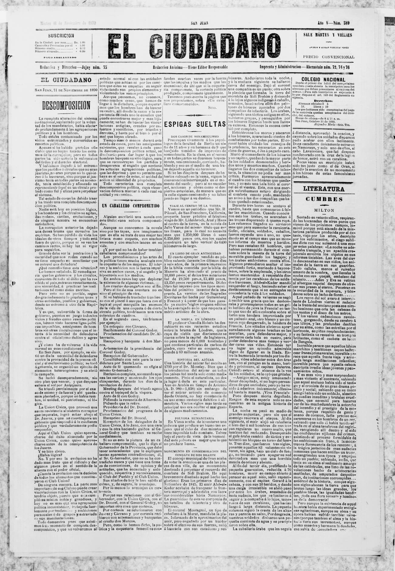 Portada · 11 de Noviembre de 1890