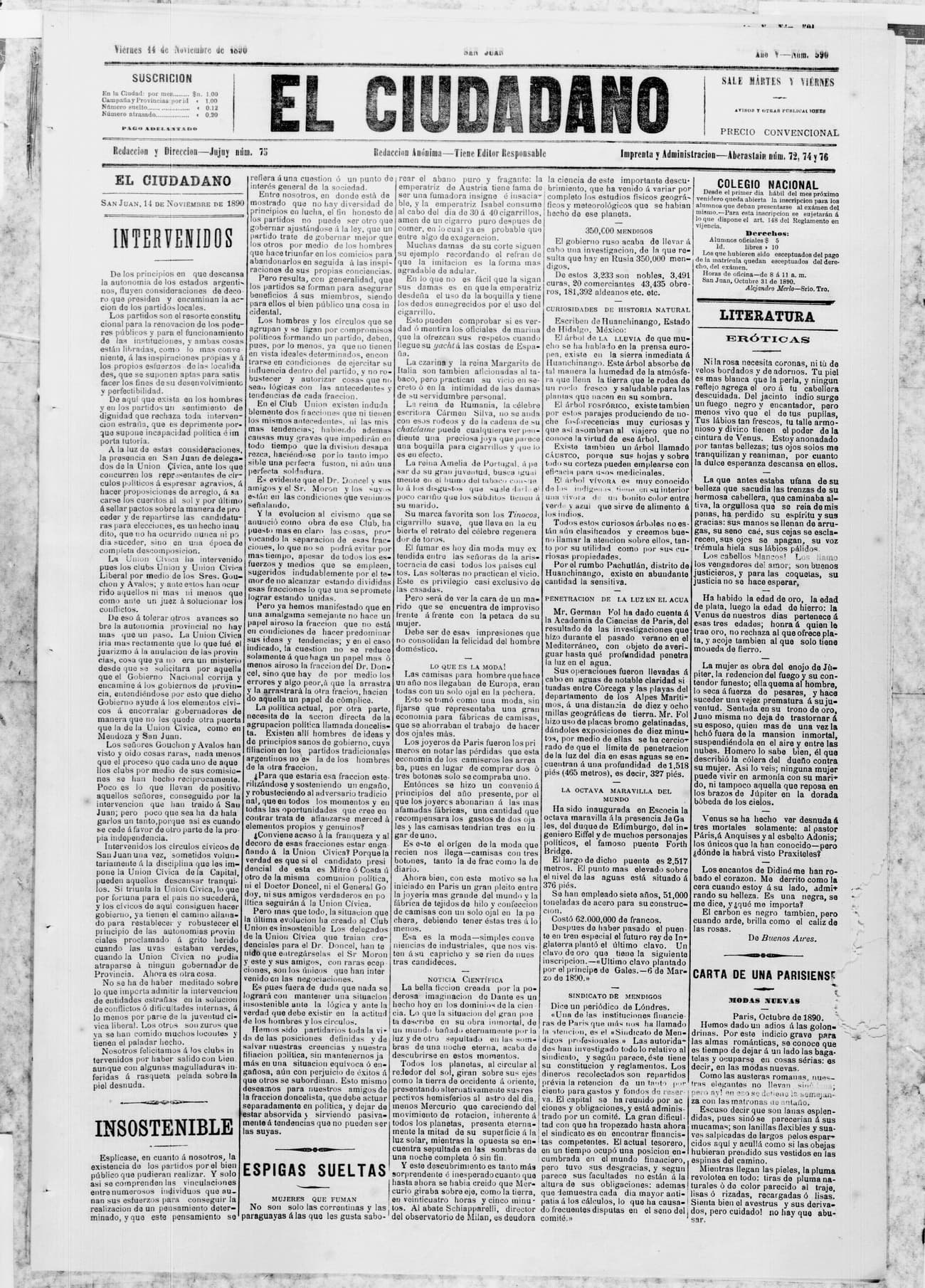 Portada · 14 de Noviembre de 1890