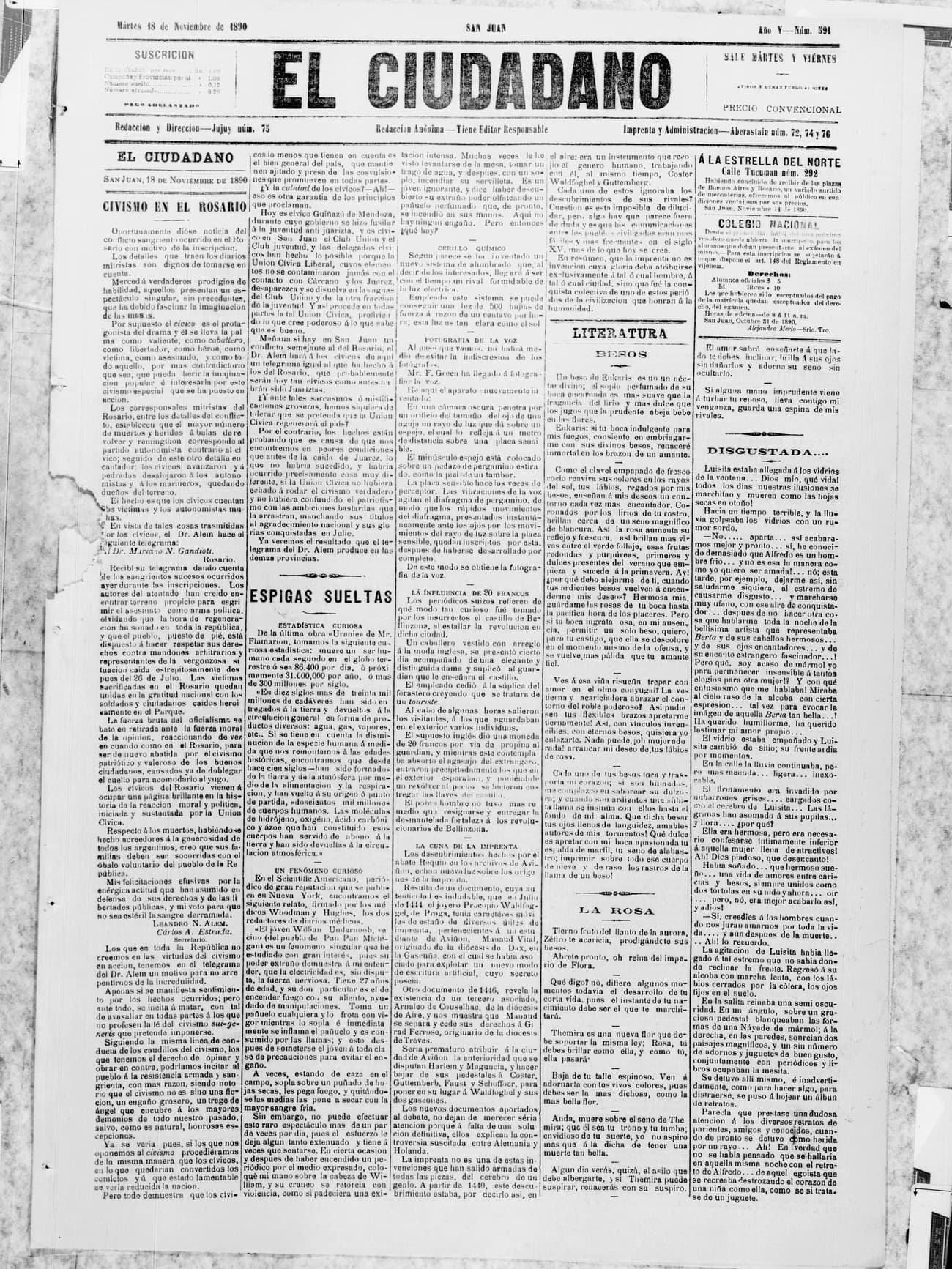 Portada · 18 de Noviembre de 1890