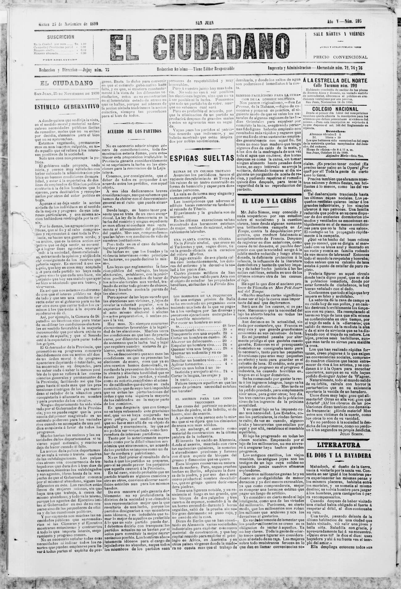 Portada · 25 de Noviembre de 1890
