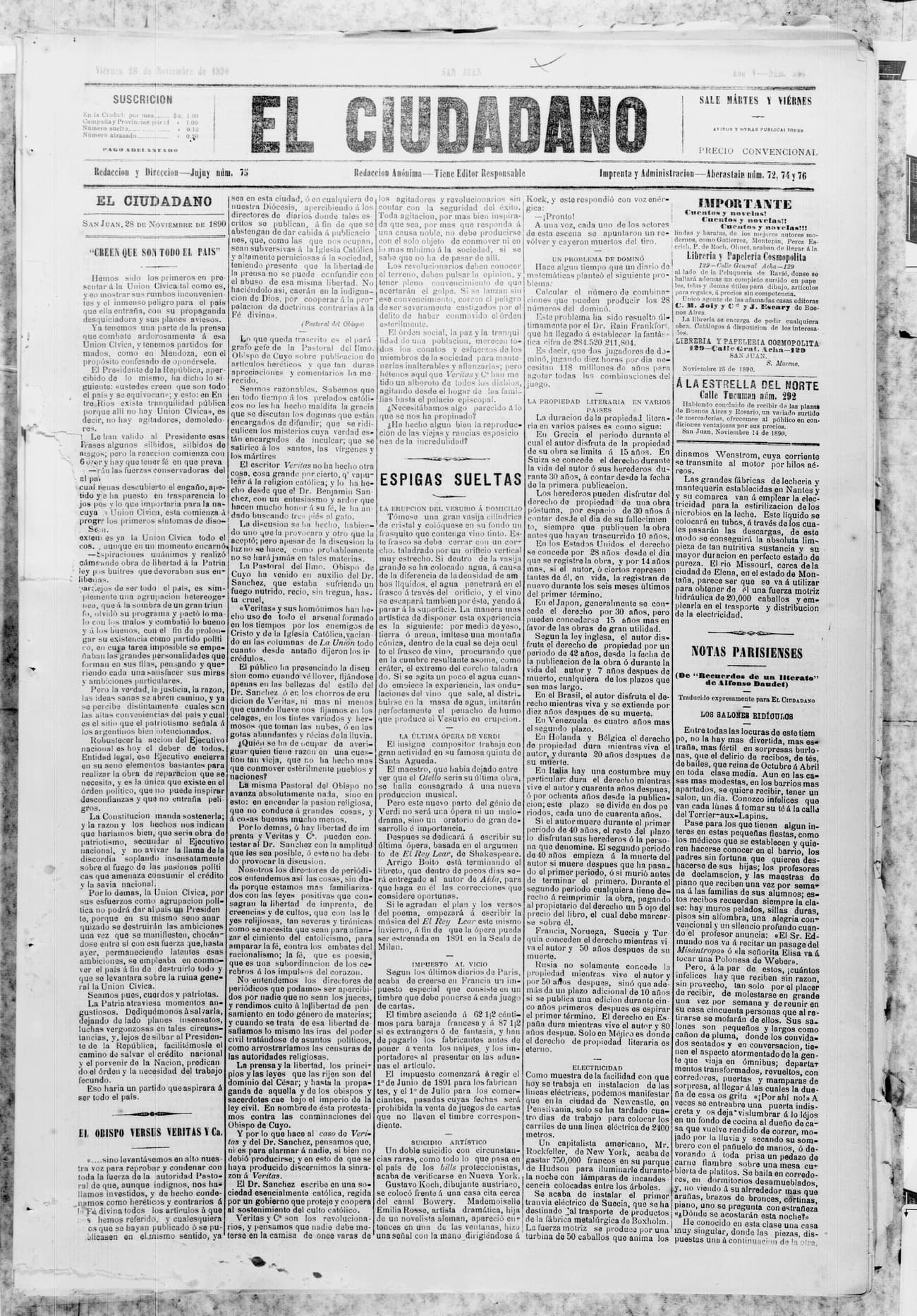 Portada · 28 de Noviembre de 1890
