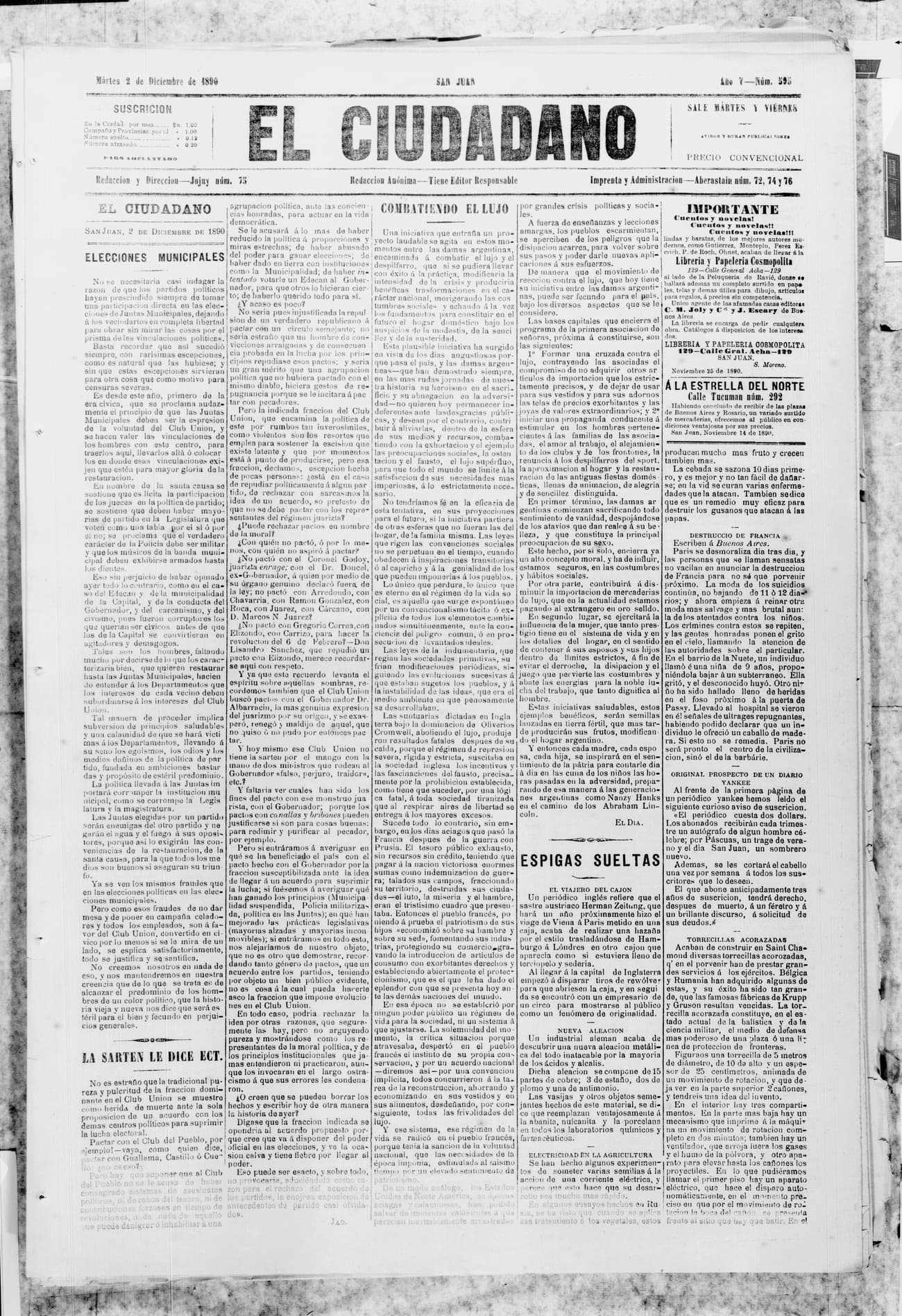 Portada · 2 de Diciembre de 1890