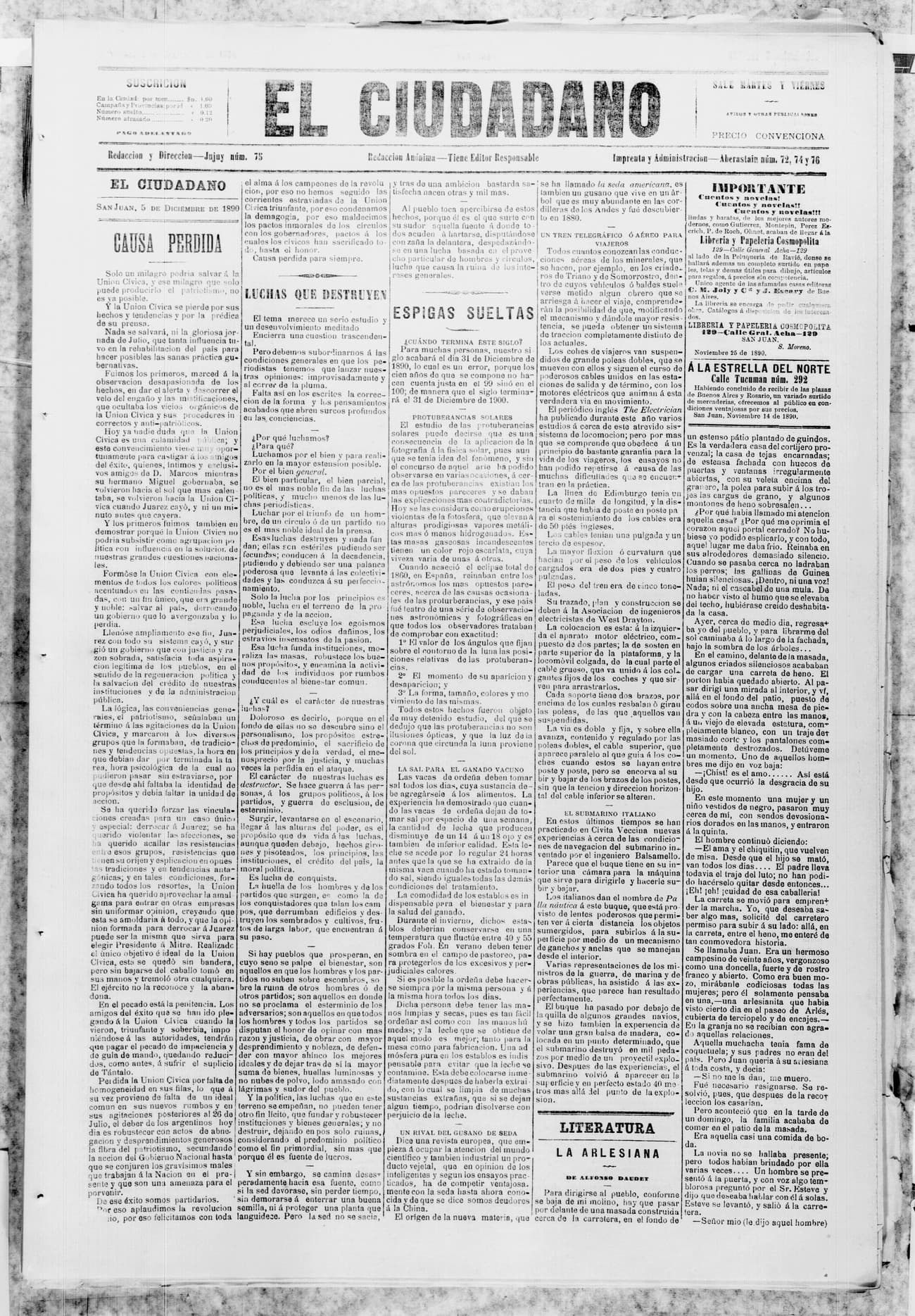 Portada · 5 de Diciembre de 1890
