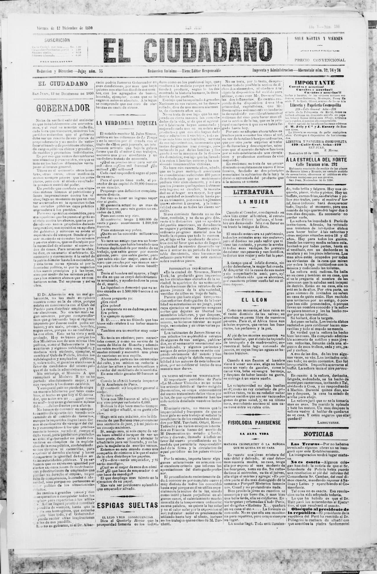 Portada · 12 de Diciembre de 1890