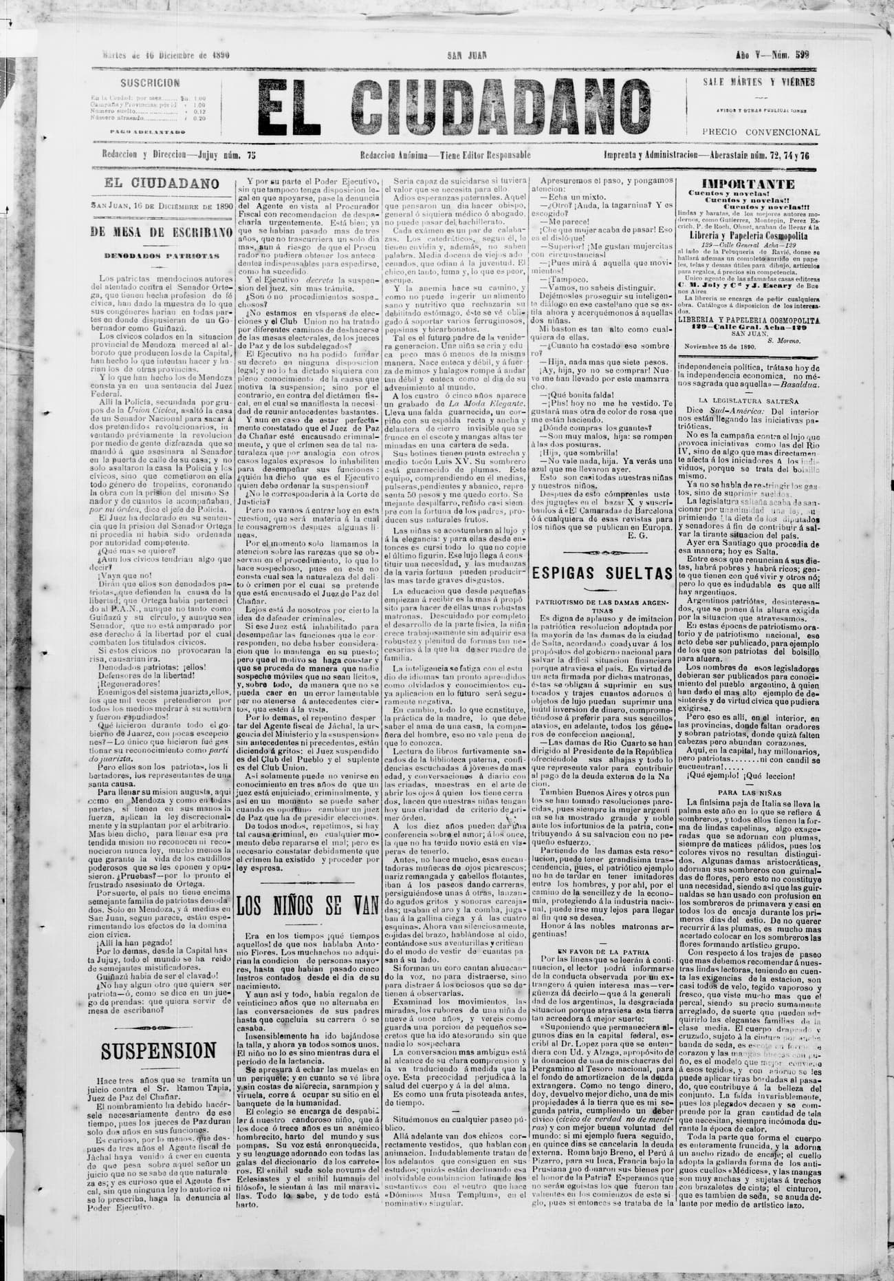 Portada · 16 de Diciembre de 1890