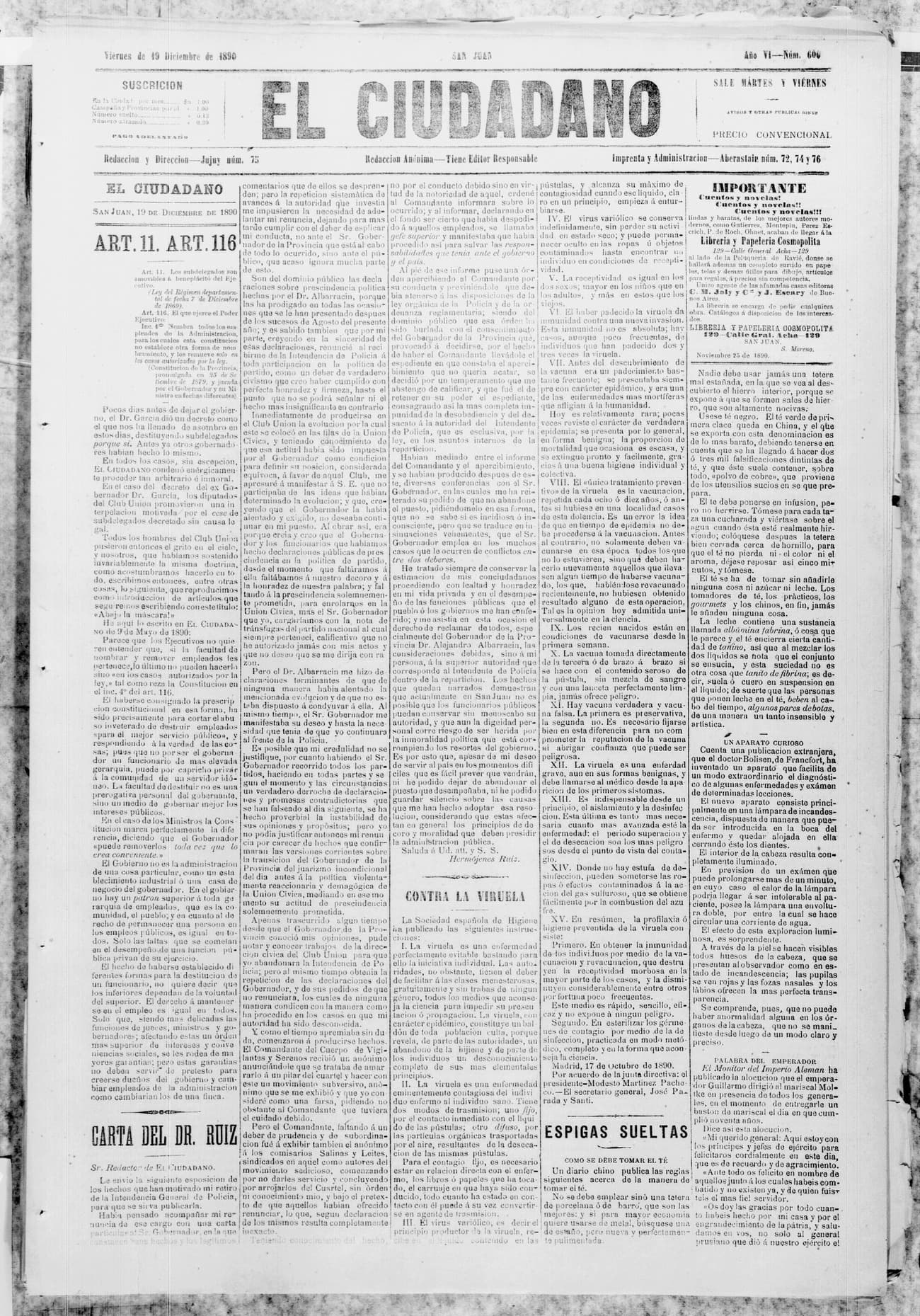 Portada · 19 de Diciembre de 1890