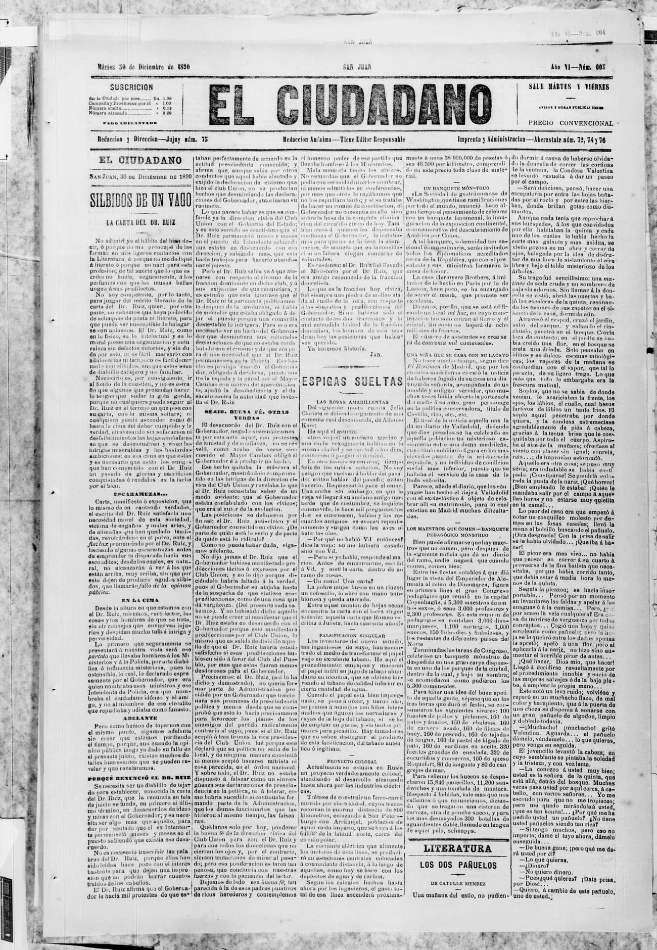 Portada · 30 de Diciembre de 1890