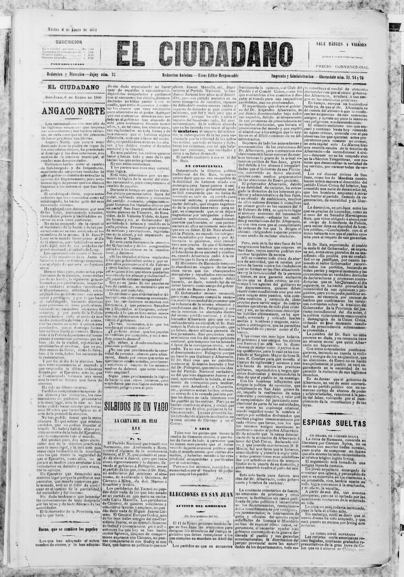 Portada · 6 de Enero de 1890