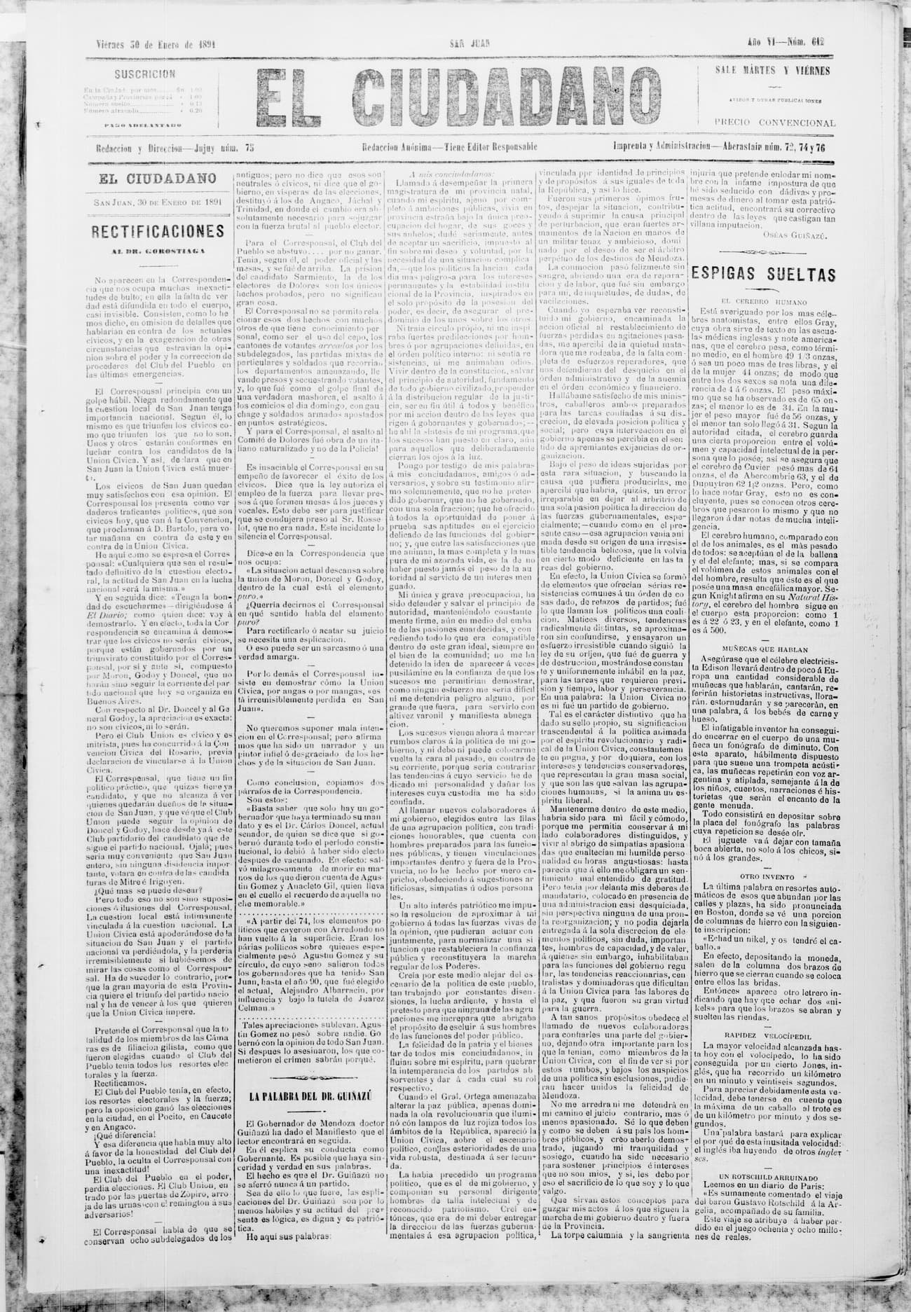 Portada · 30 de Enero de 1890