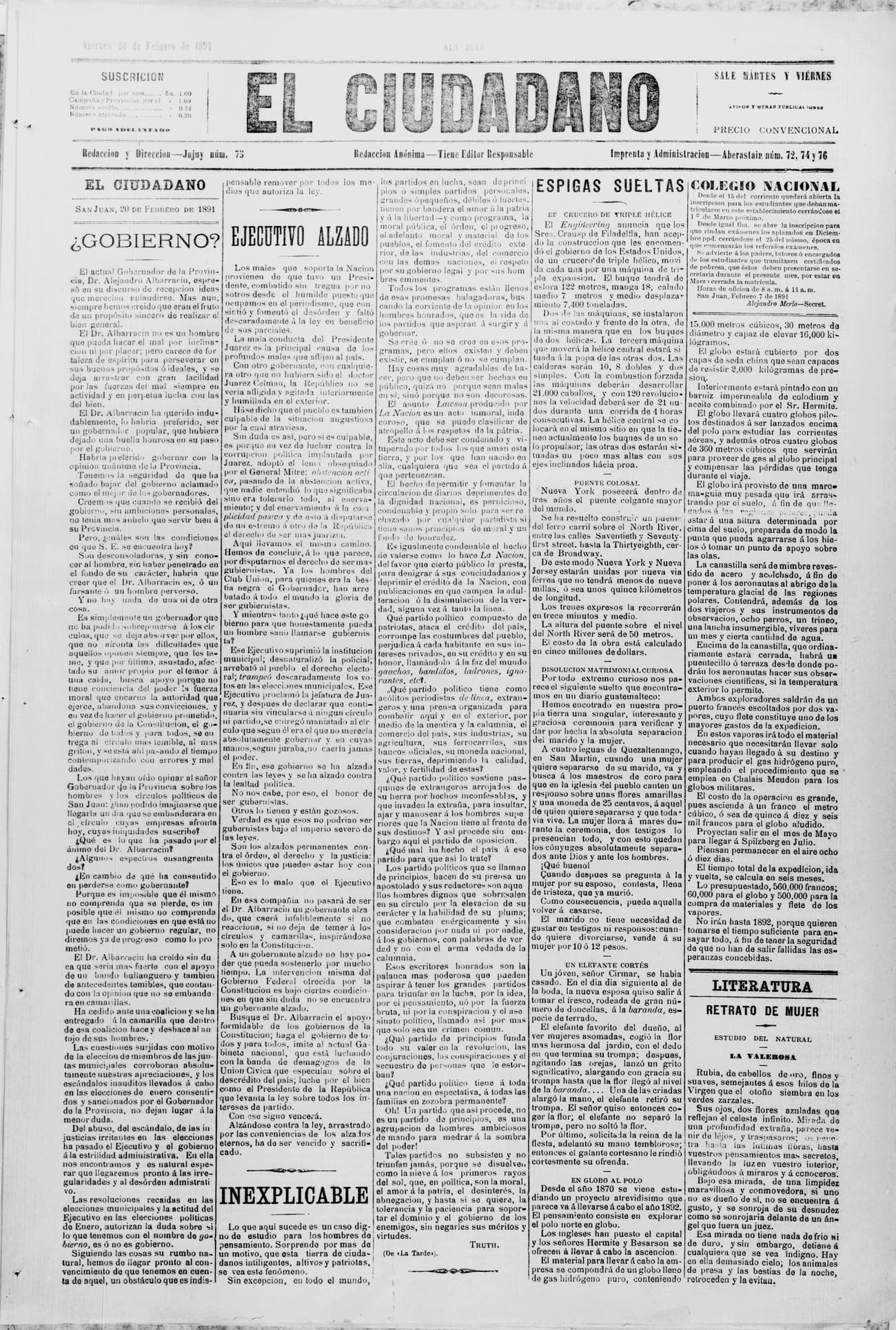 Portada · 20 de Febrero de 1890