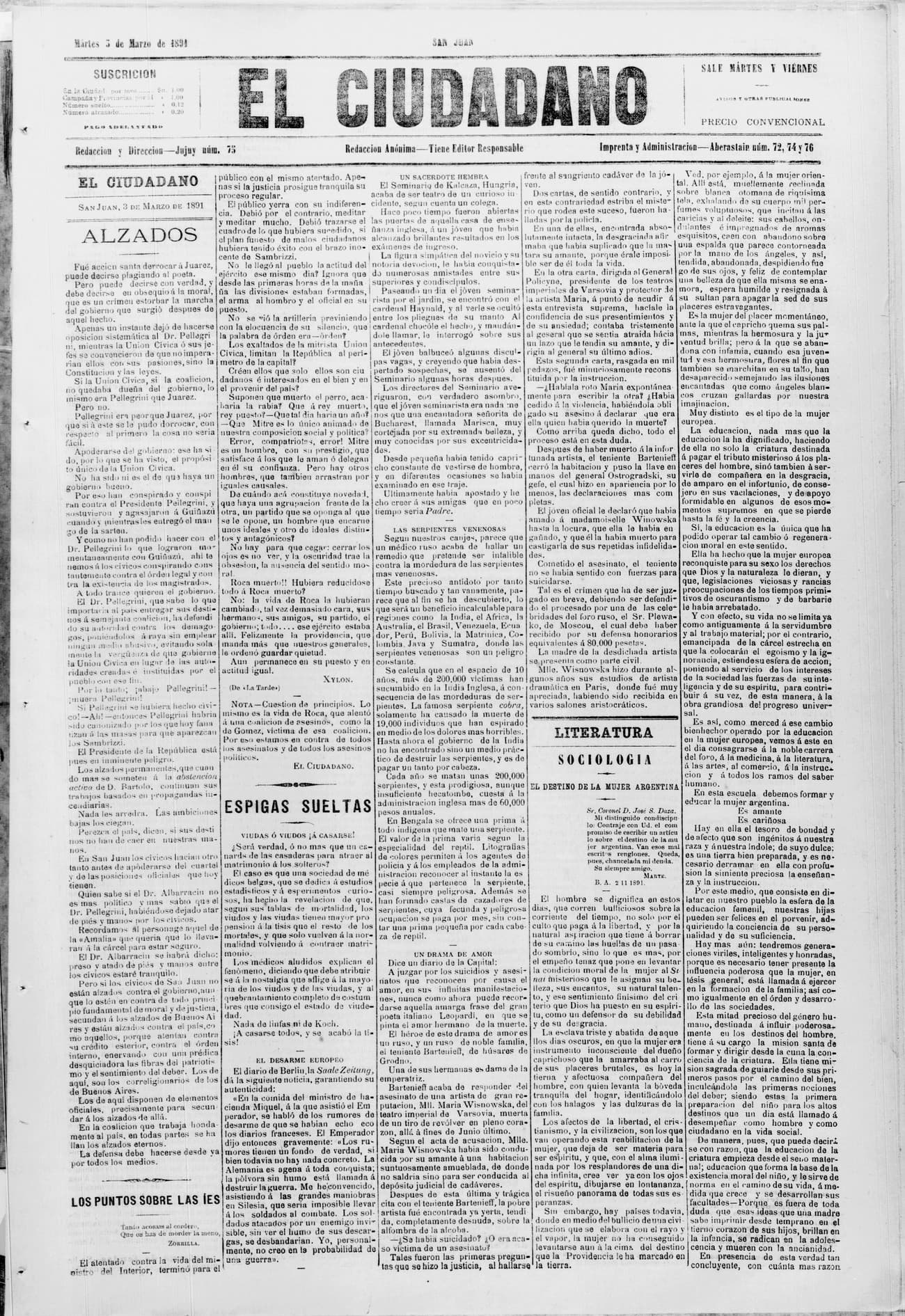 Portada · 3 de Marzo de 1891