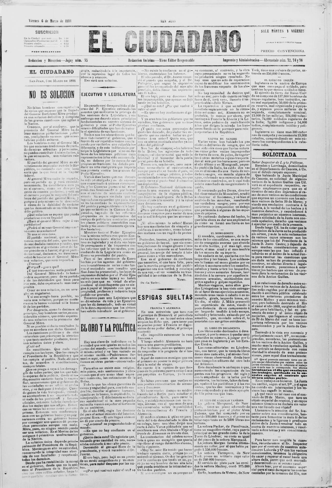 Portada · 6 de Marzo de 1891