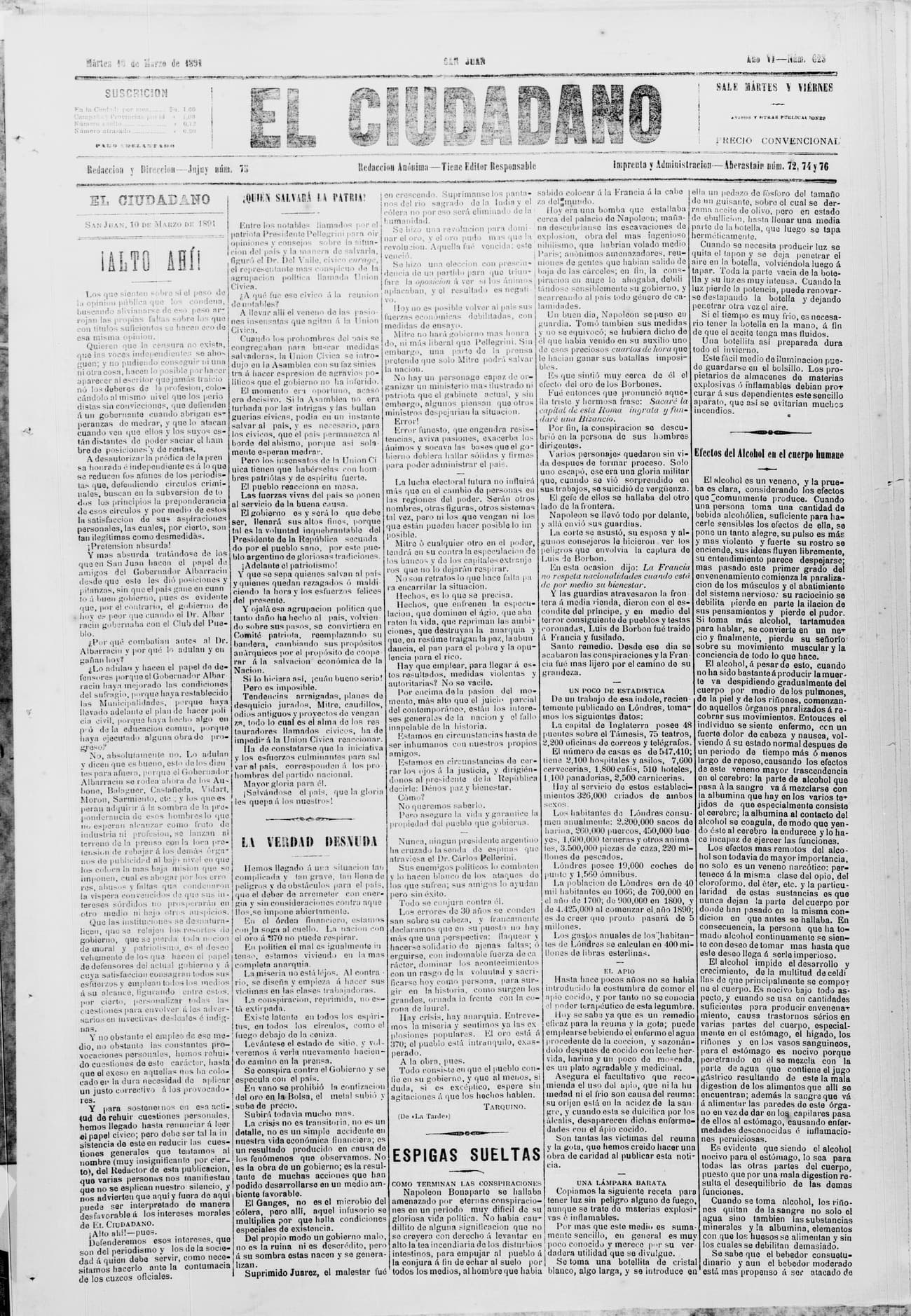 Portada · 10 de Marzo de 1891