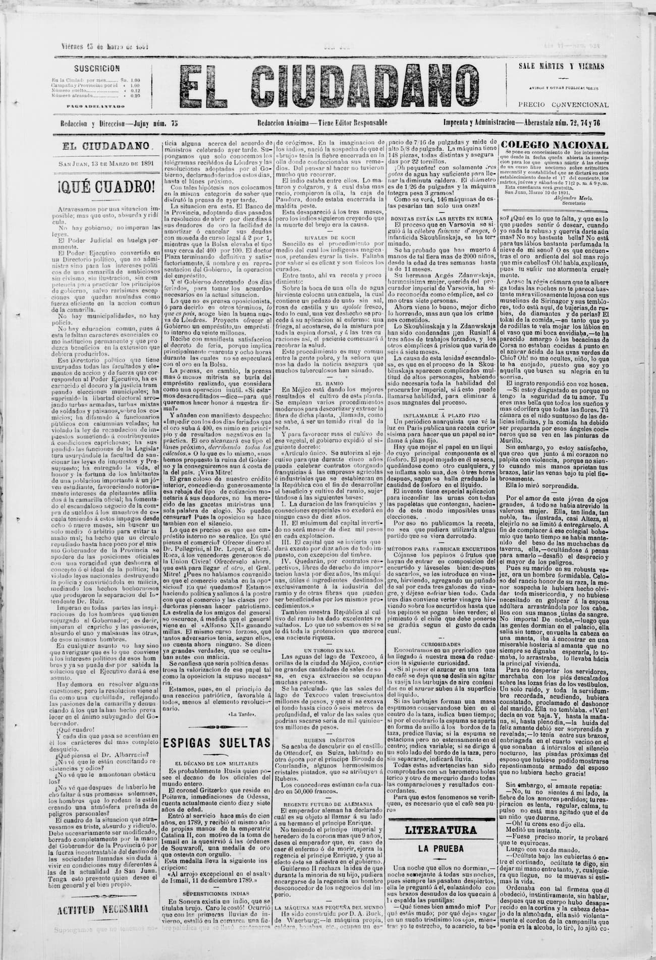 Portada · 13 de Marzo de 1891