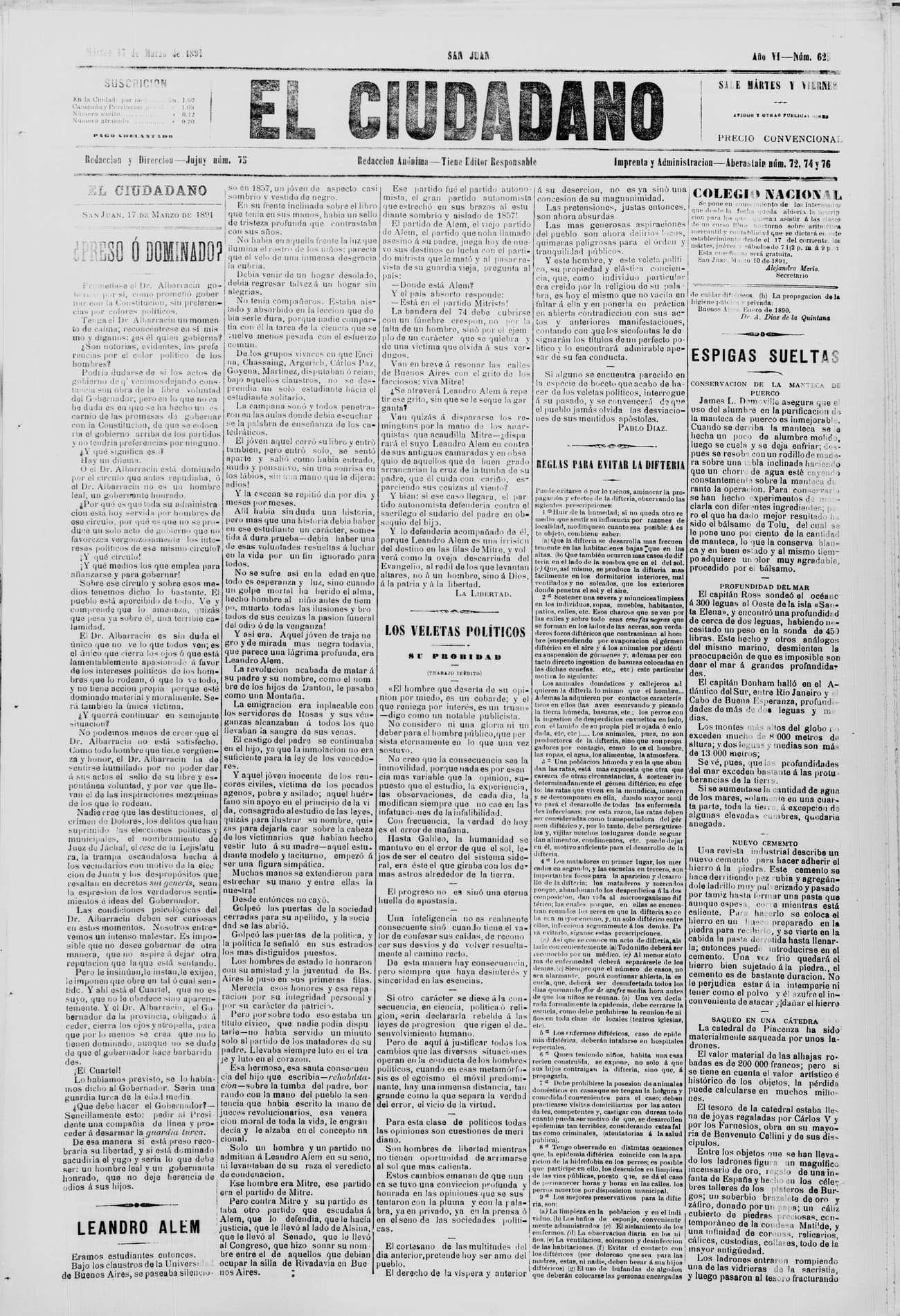 Portada · 17 de Marzo de 1891