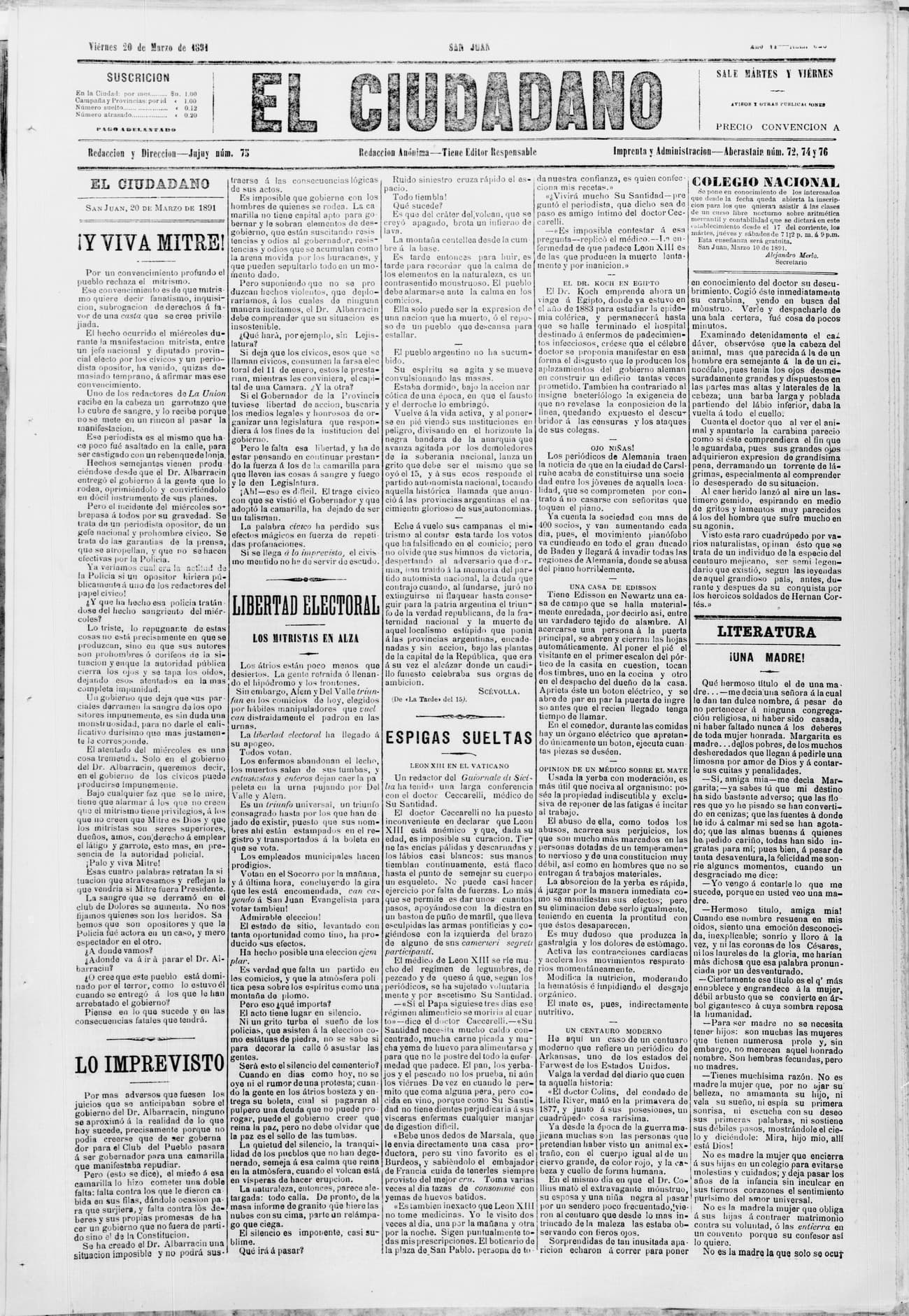 Portada · 20 de Marzo de 1891
