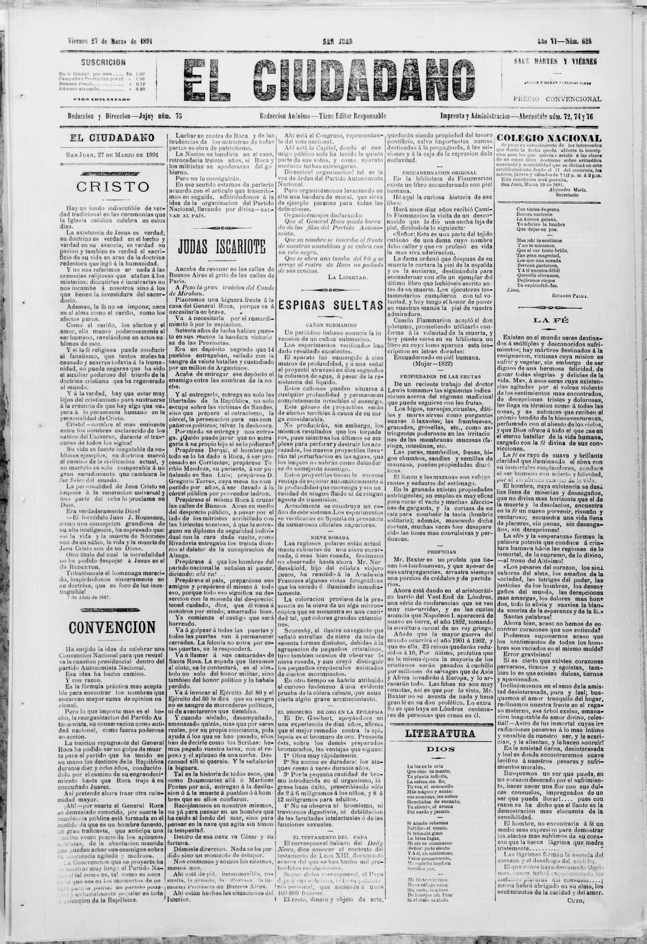 Portada · 27 de Marzo de 1891