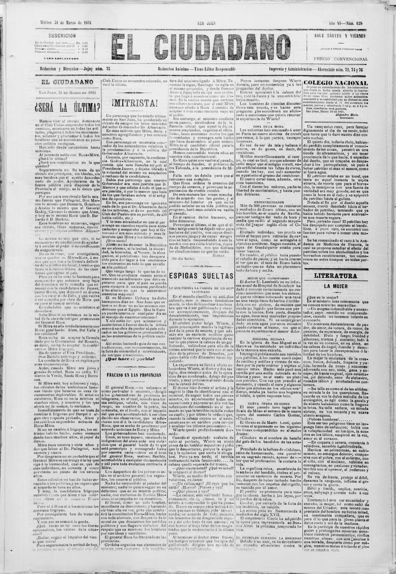 Portada · 31 de Marzo de 1891