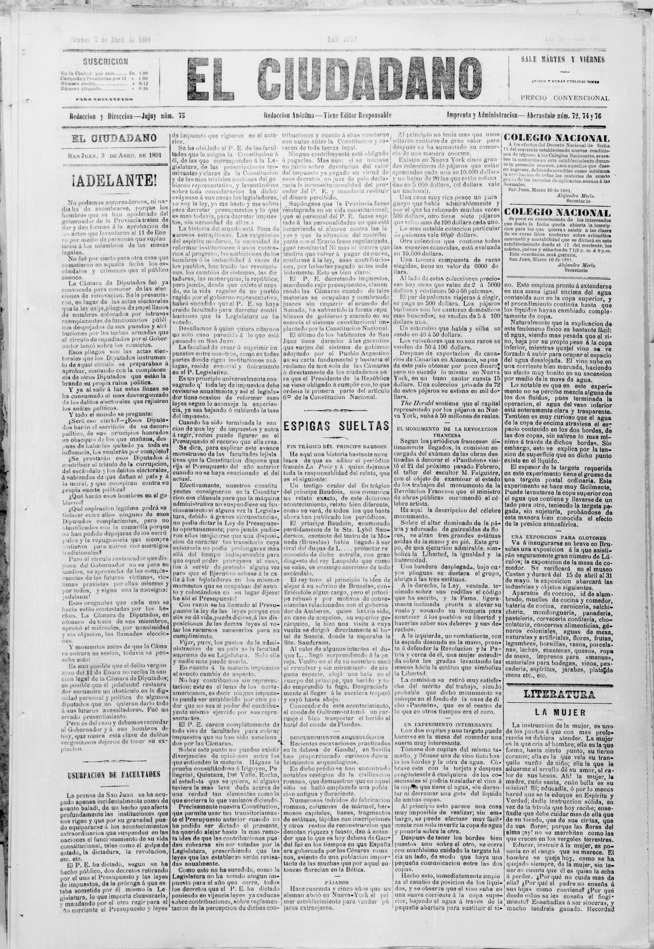 Portada · 3 de Abril de 1891