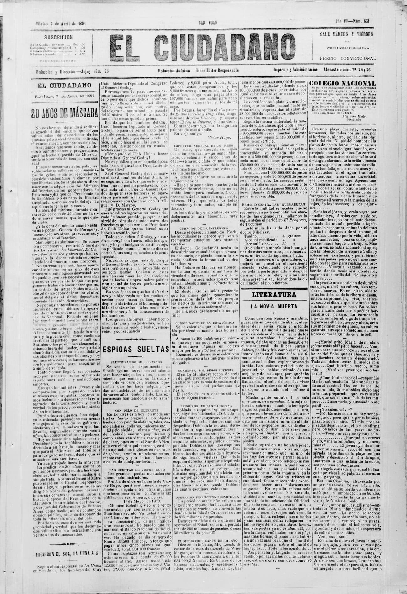 Portada · 7 de Abril de 1891