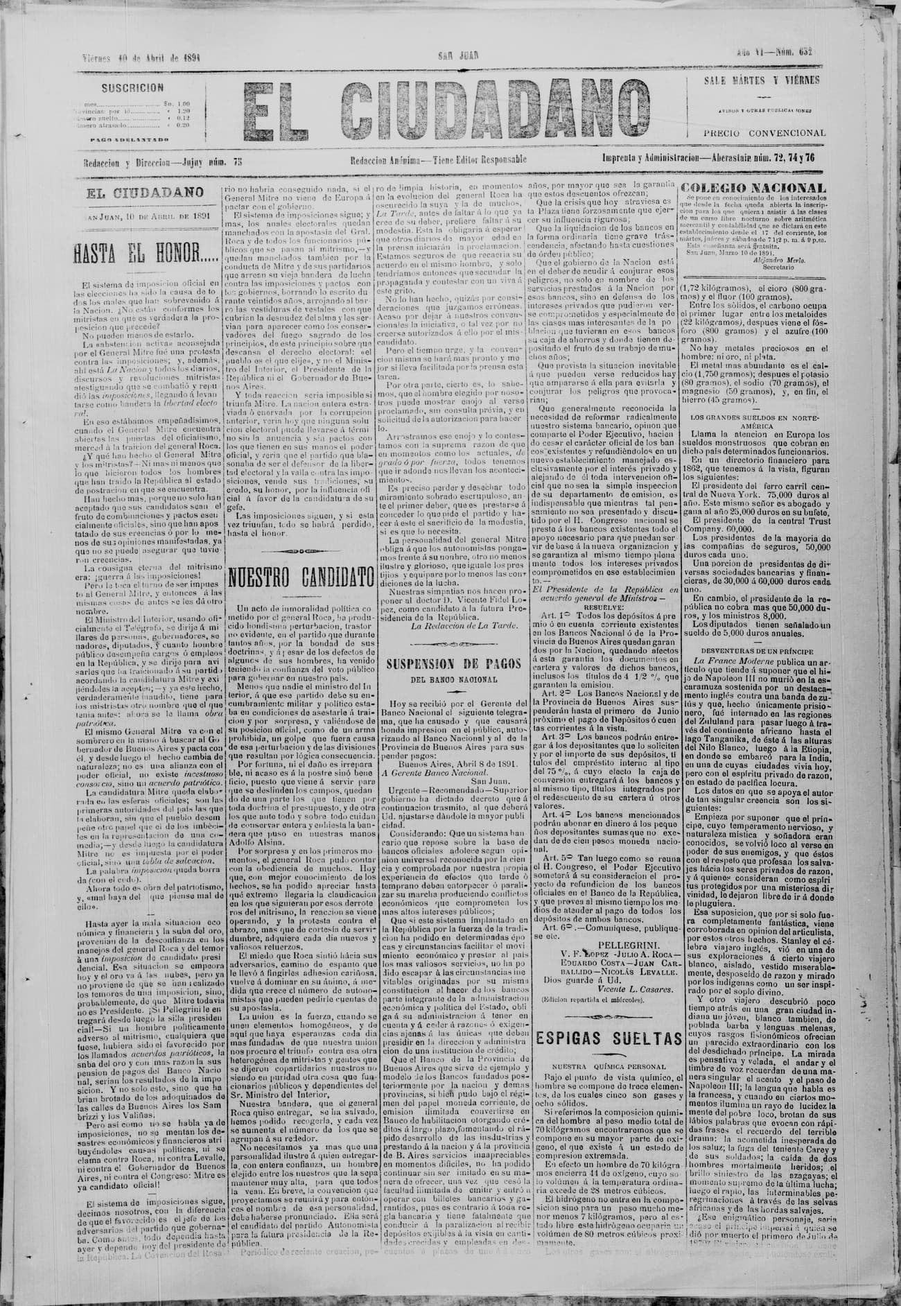 Portada · 10 de Abril de 1891