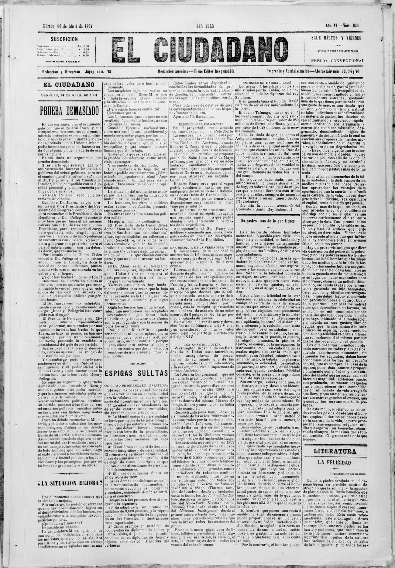 Portada · 14 de Abril de 1891
