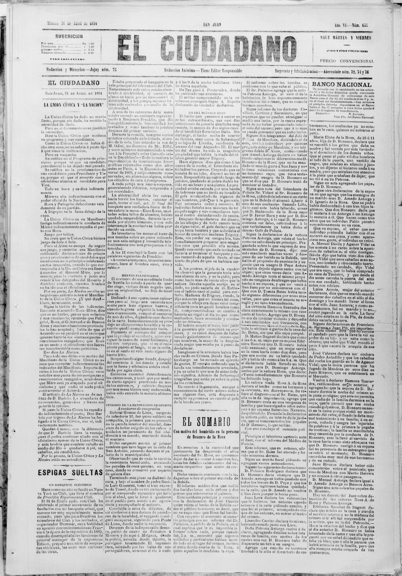 Portada · 21 de Abril de 1891