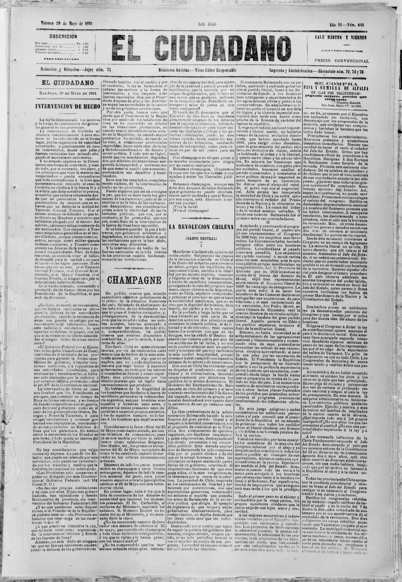 Portada · 29 de Mayo de 1891