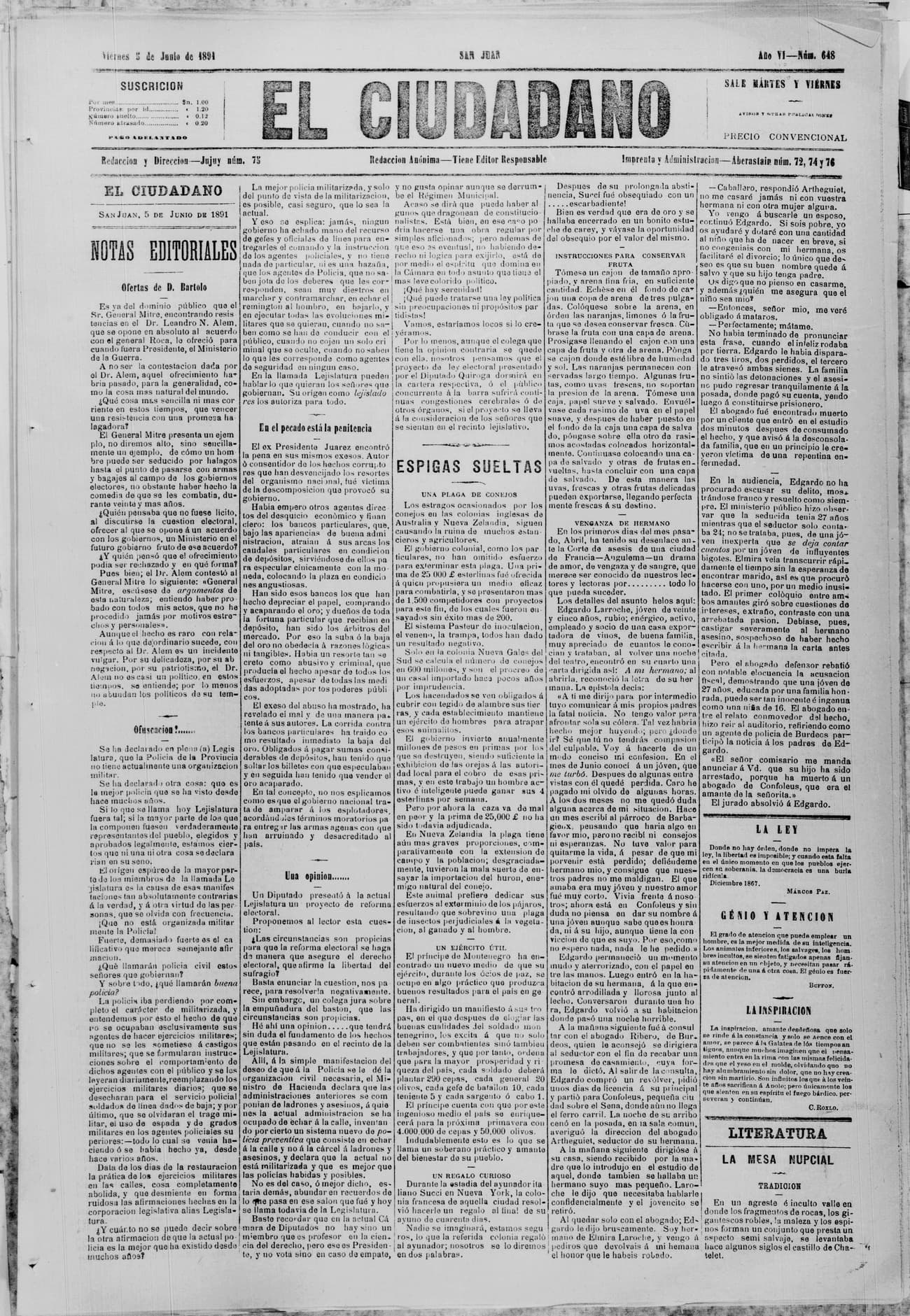 Portada · 5 de Junio de 1891