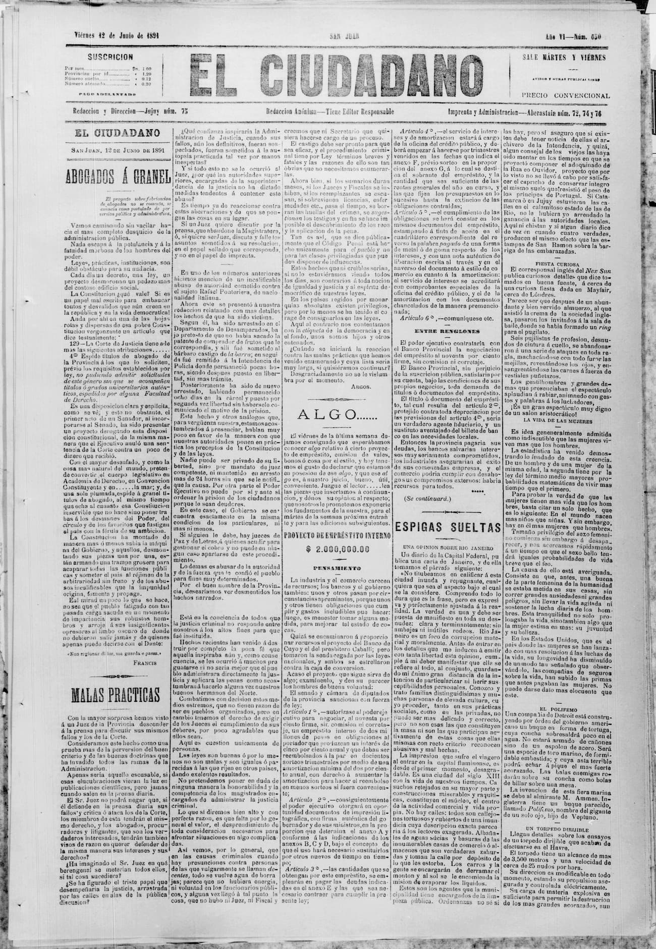 Portada · 12 de Junio de 1891