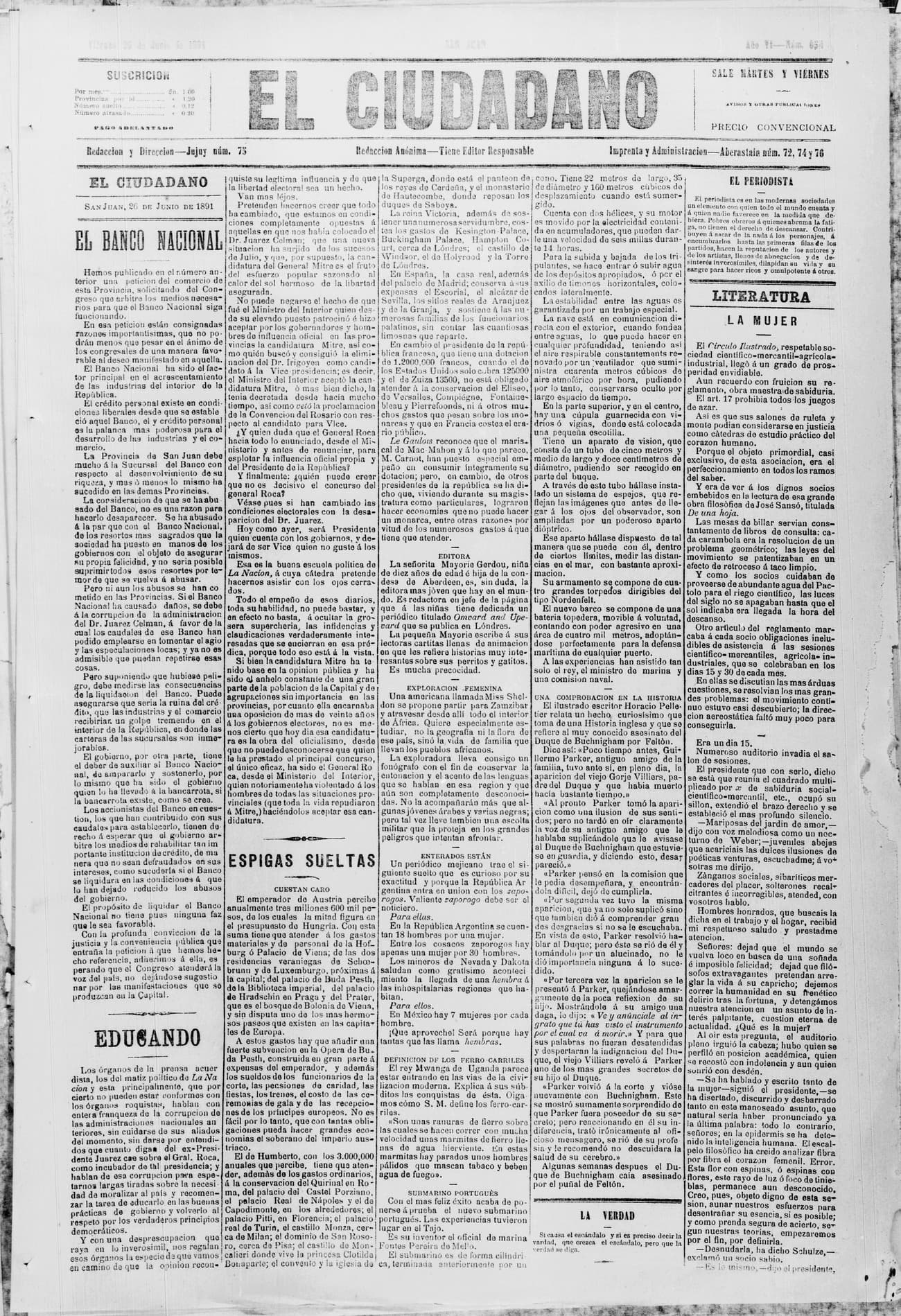 Portada · 26 de Junio de 1891