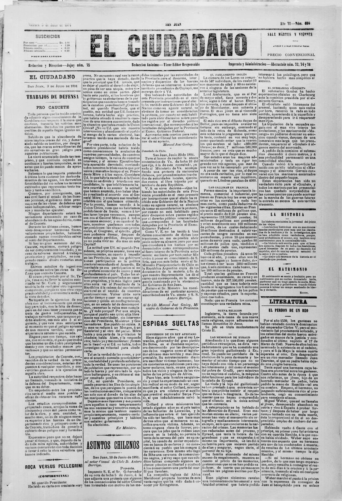 Portada · 3 de Julio de 1891