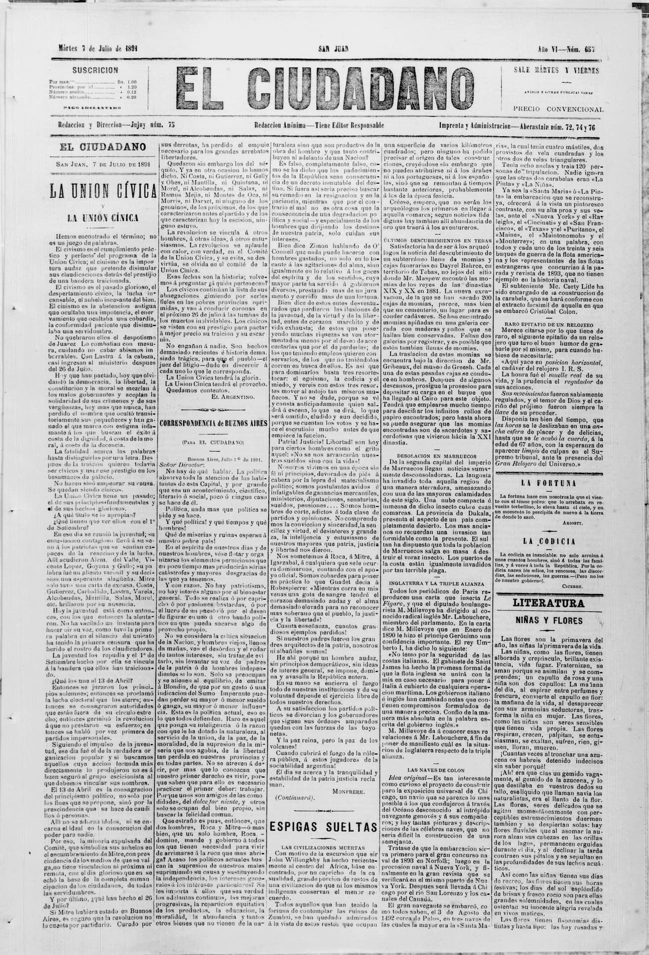 Portada · 7 de Julio de 1891