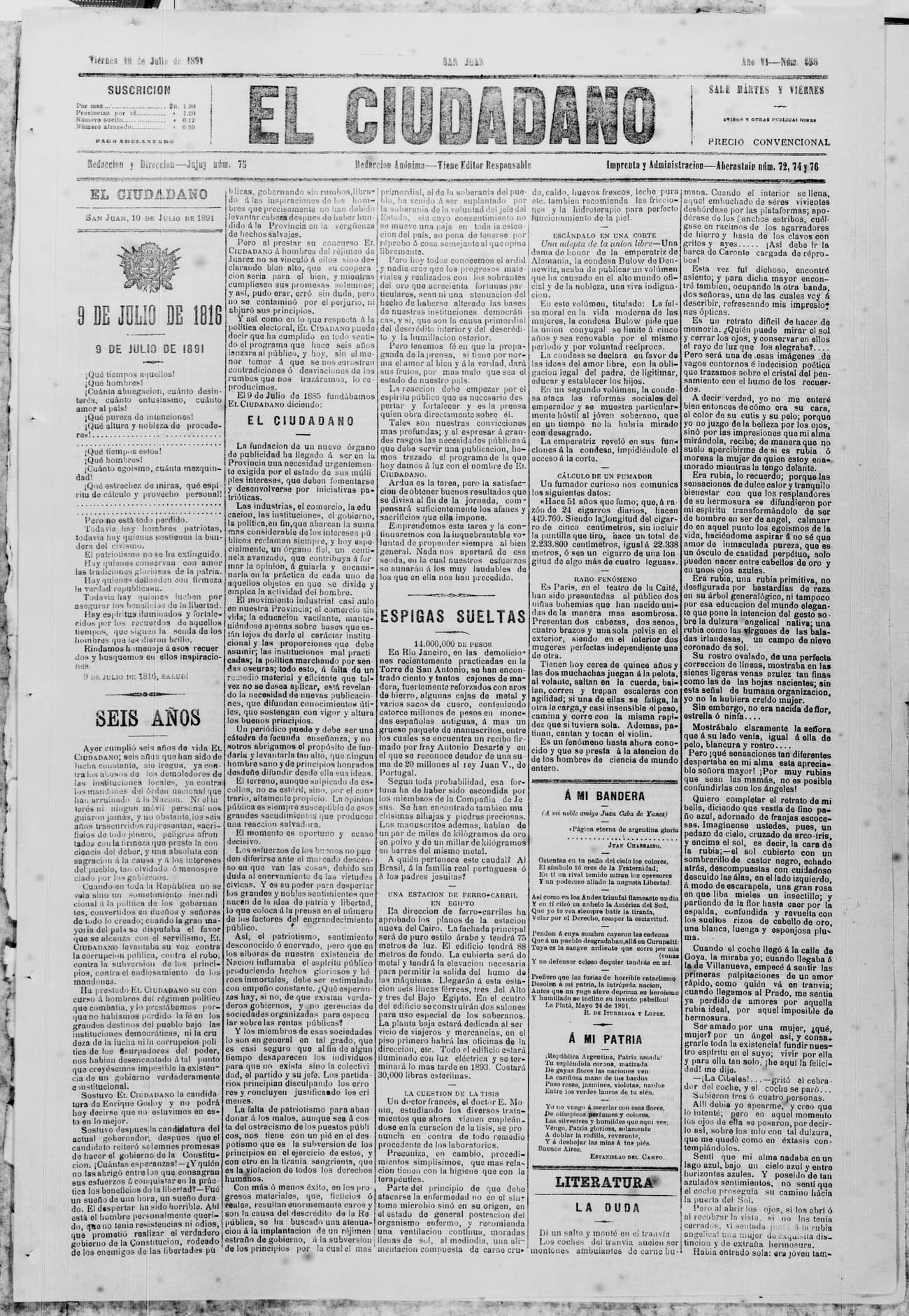 Portada · 10 de Julio de 1891