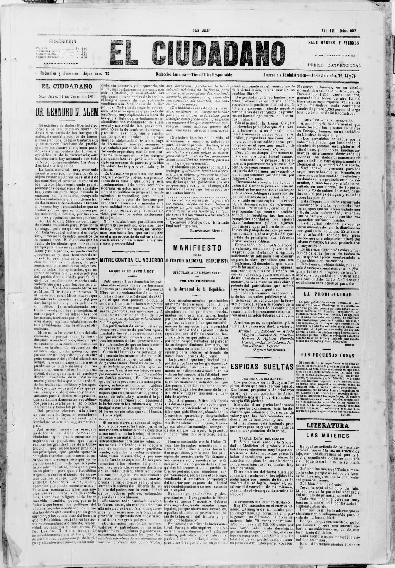 Portada · 14 de Julio de 1891
