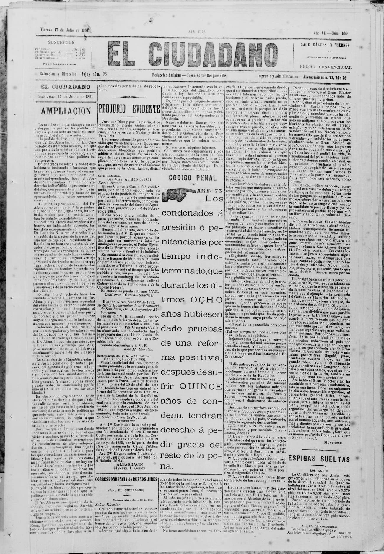 Portada · 17 de Julio de 1891