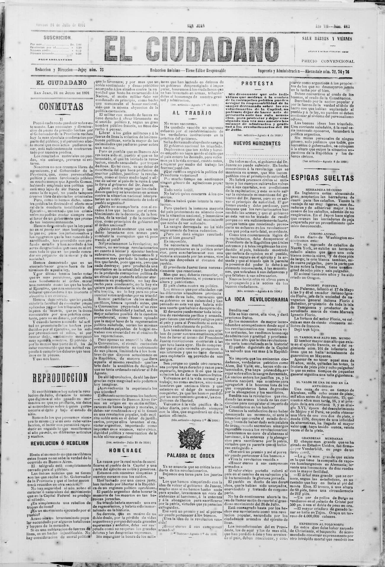 Portada · 24 de Julio de 1891