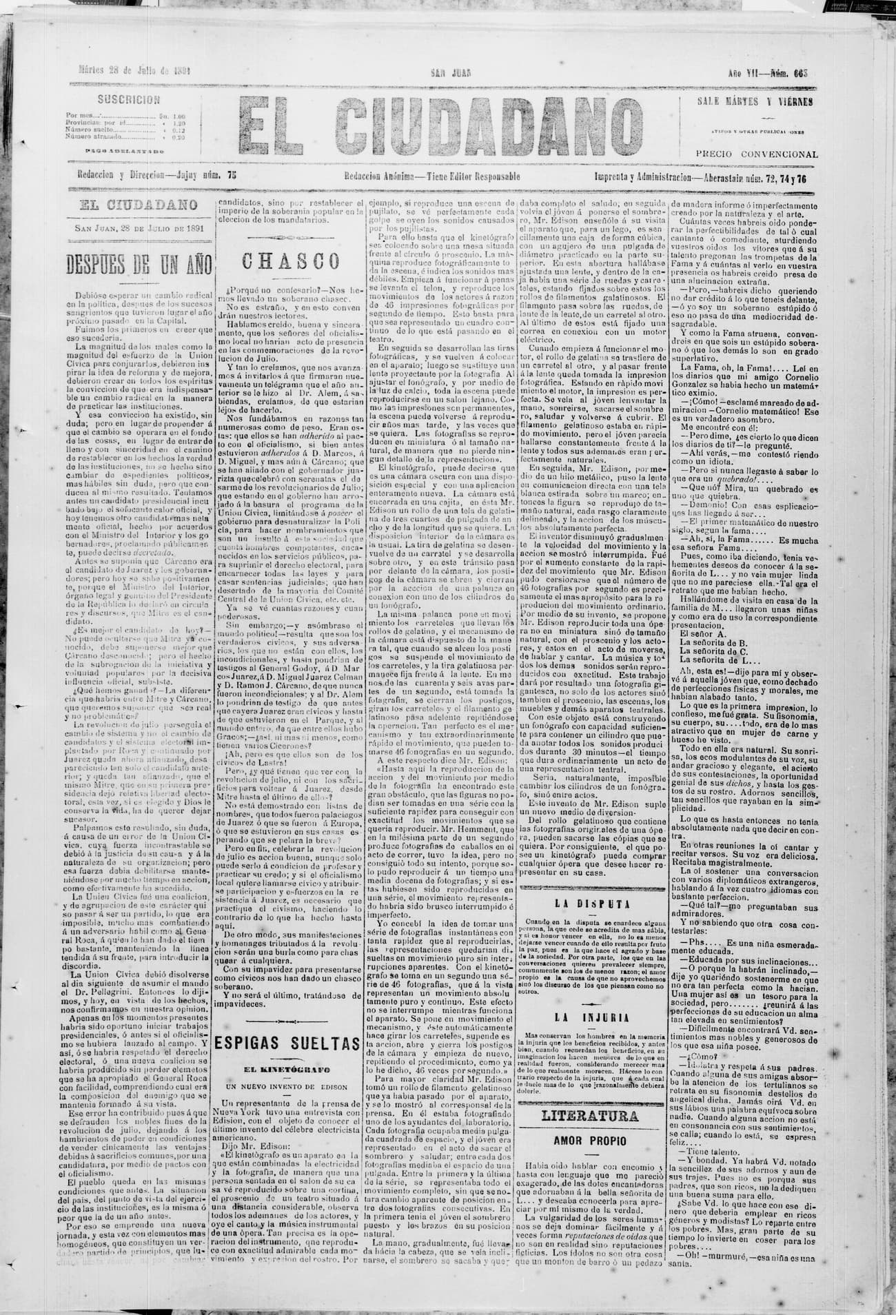 Portada · 28 de Julio de 1891